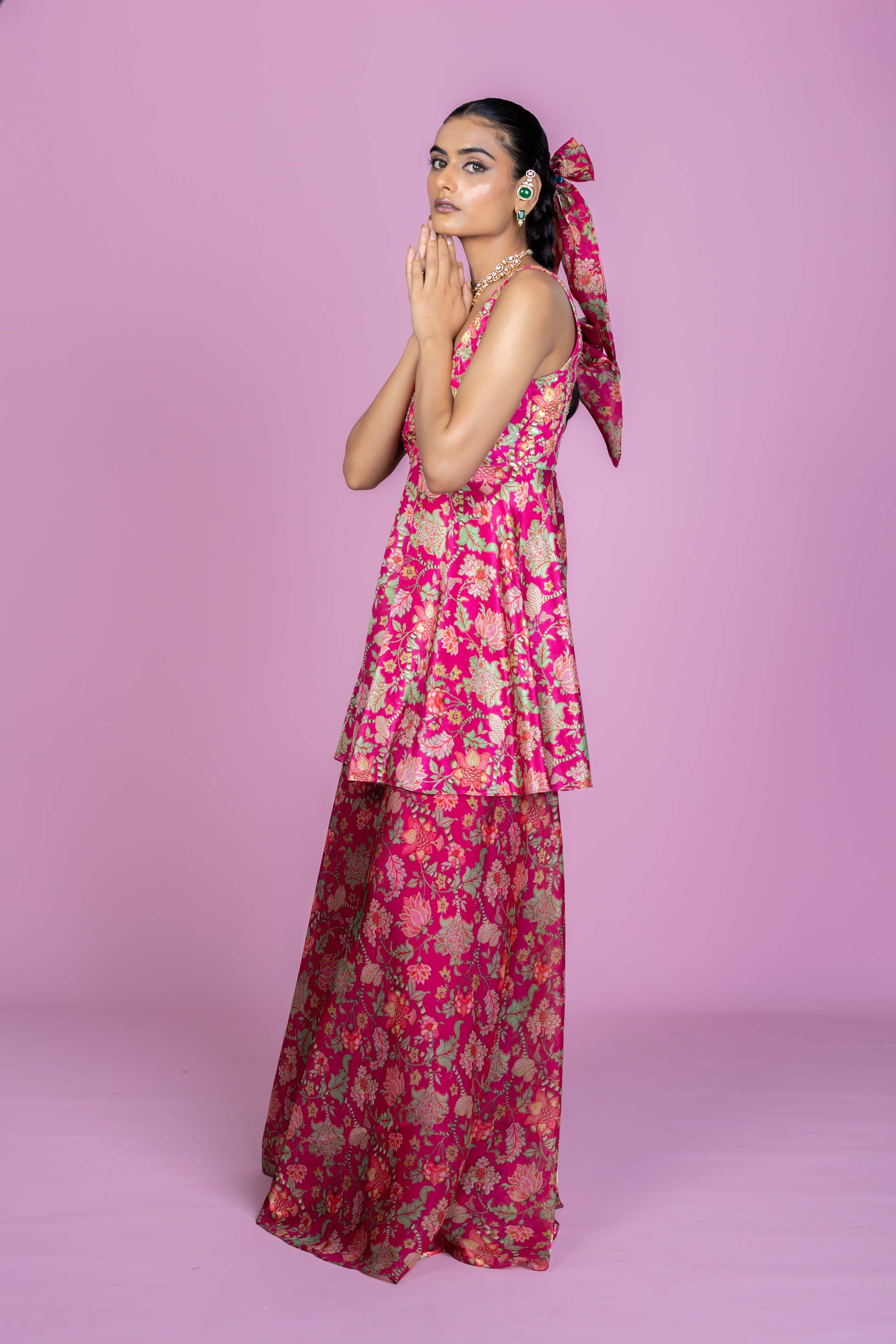 Rani Pink Floral Peplum Kurti Palazzo Set with Dupatta