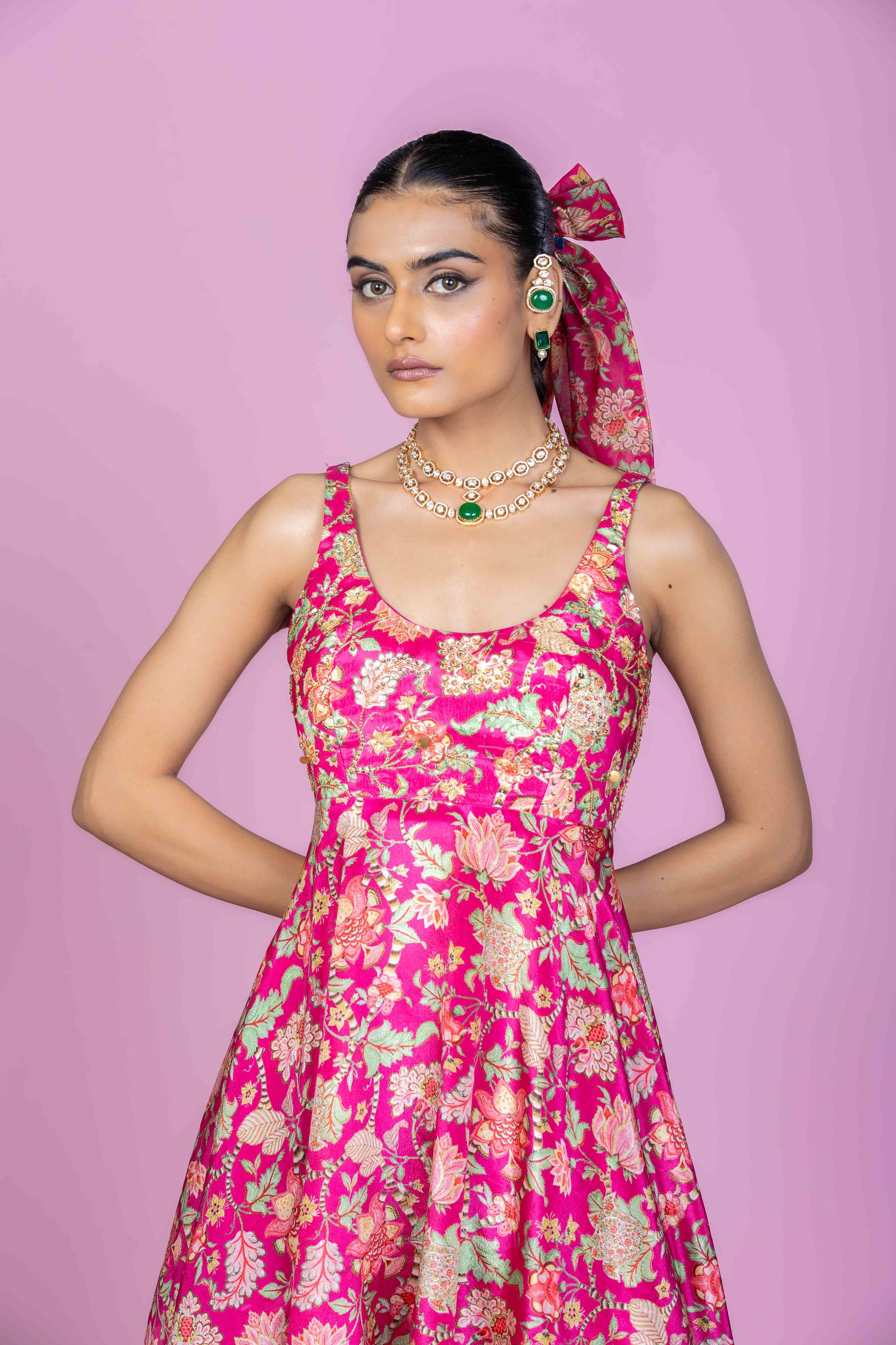 Rani Pink Floral Peplum Kurti Palazzo Set with Dupatta