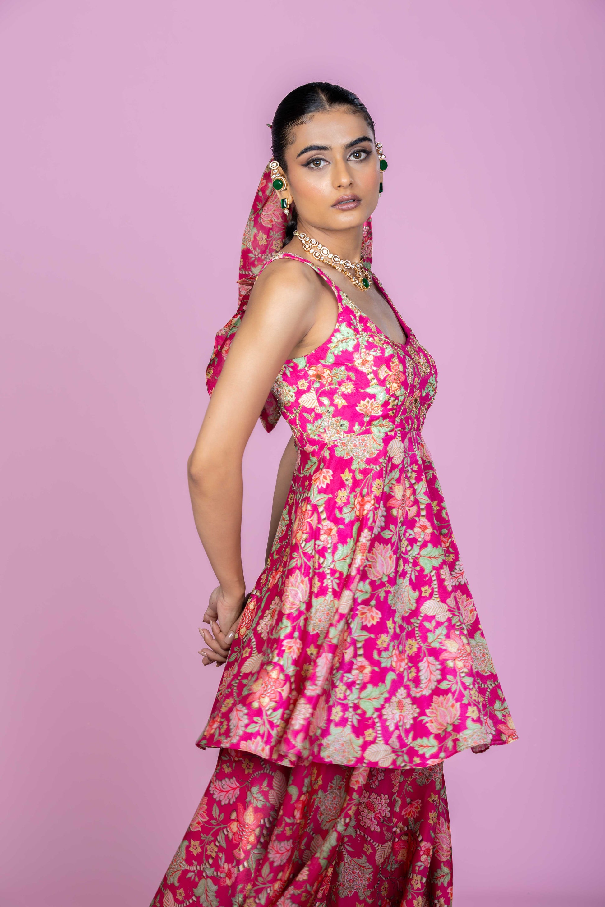 Rani Pink Floral Peplum Kurti Palazzo Set with Dupatta