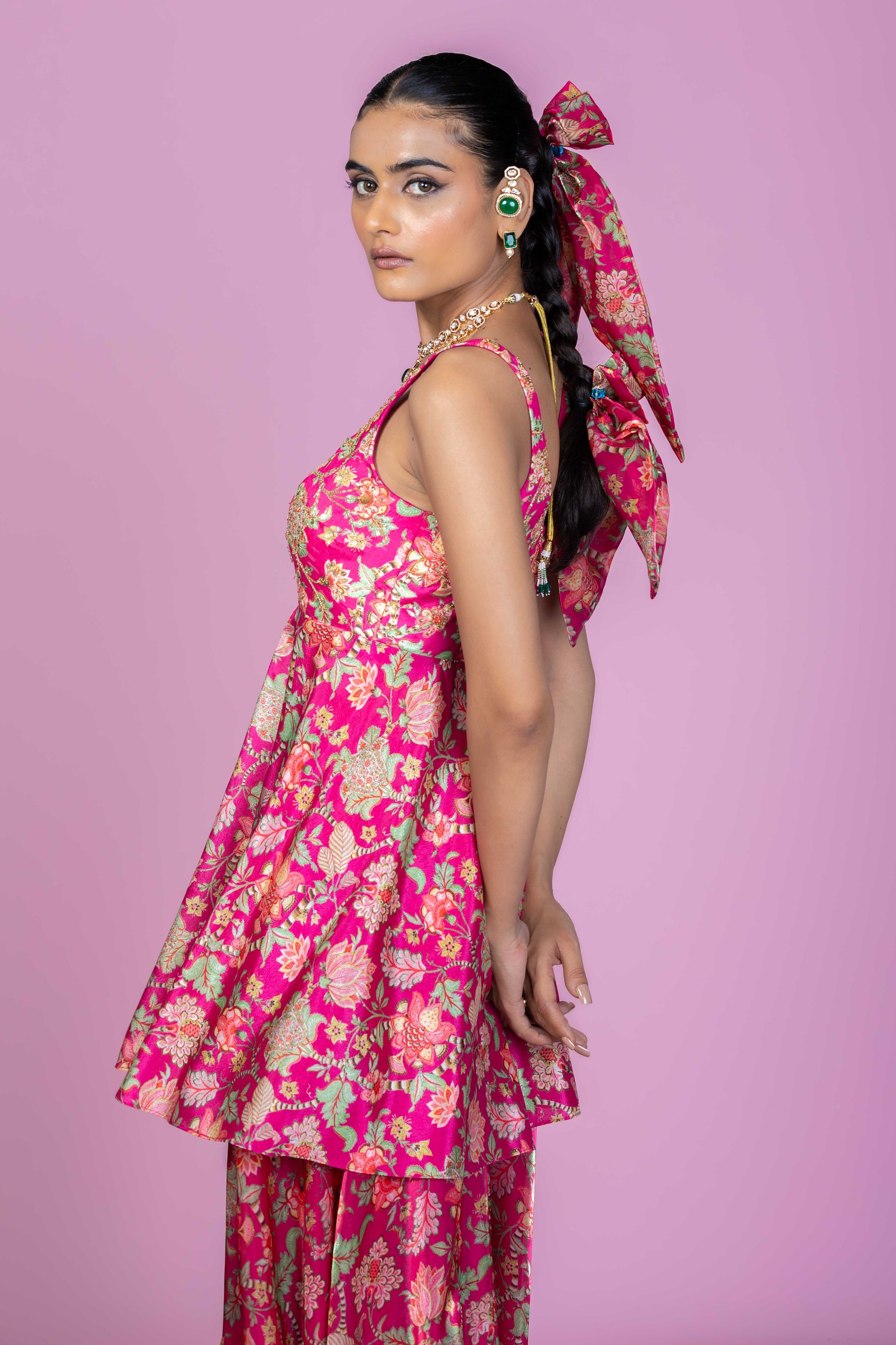 Rani Pink Floral Peplum Kurti Palazzo Set with Dupatta