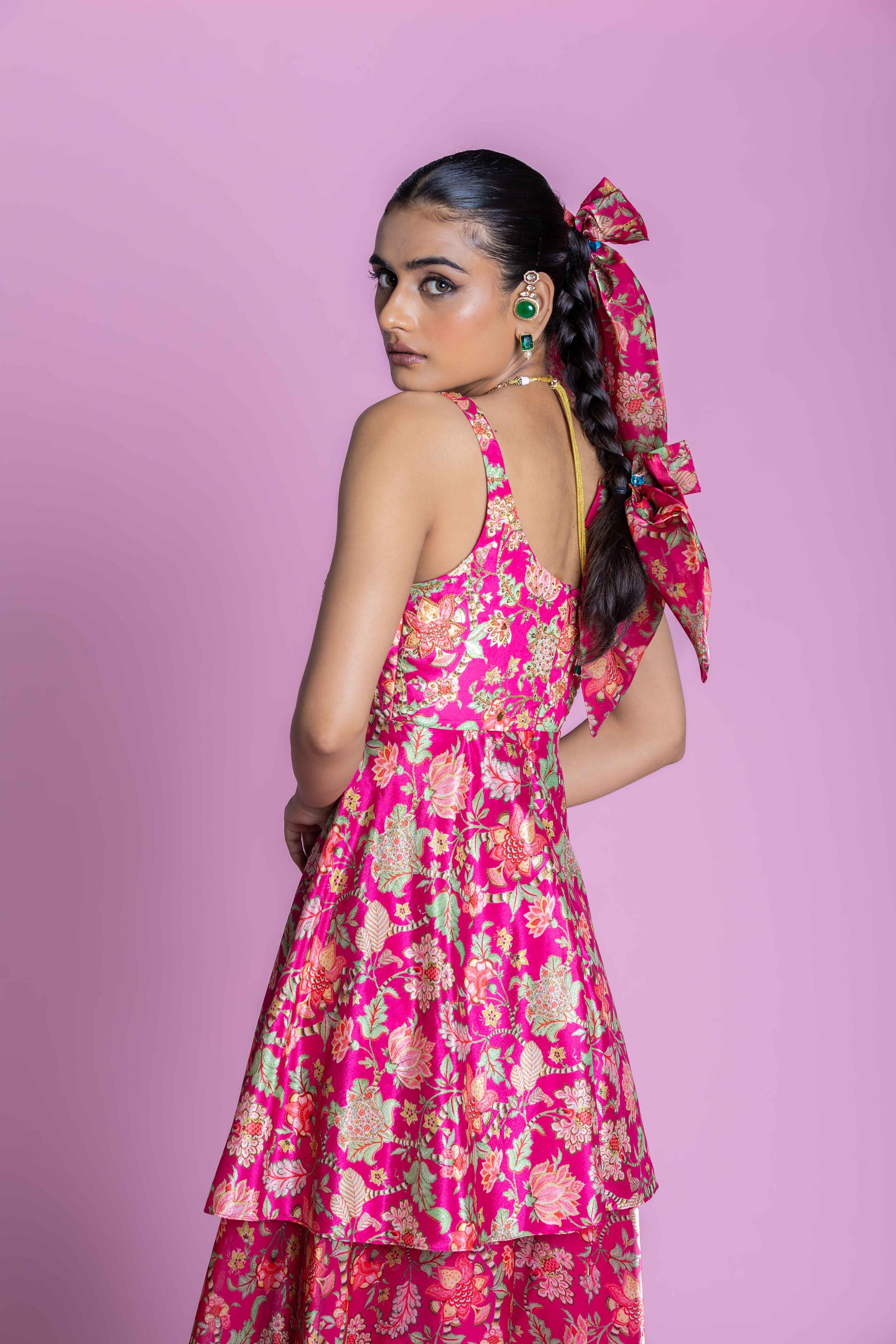 Rani Pink Floral Peplum Kurti Palazzo Set with Dupatta