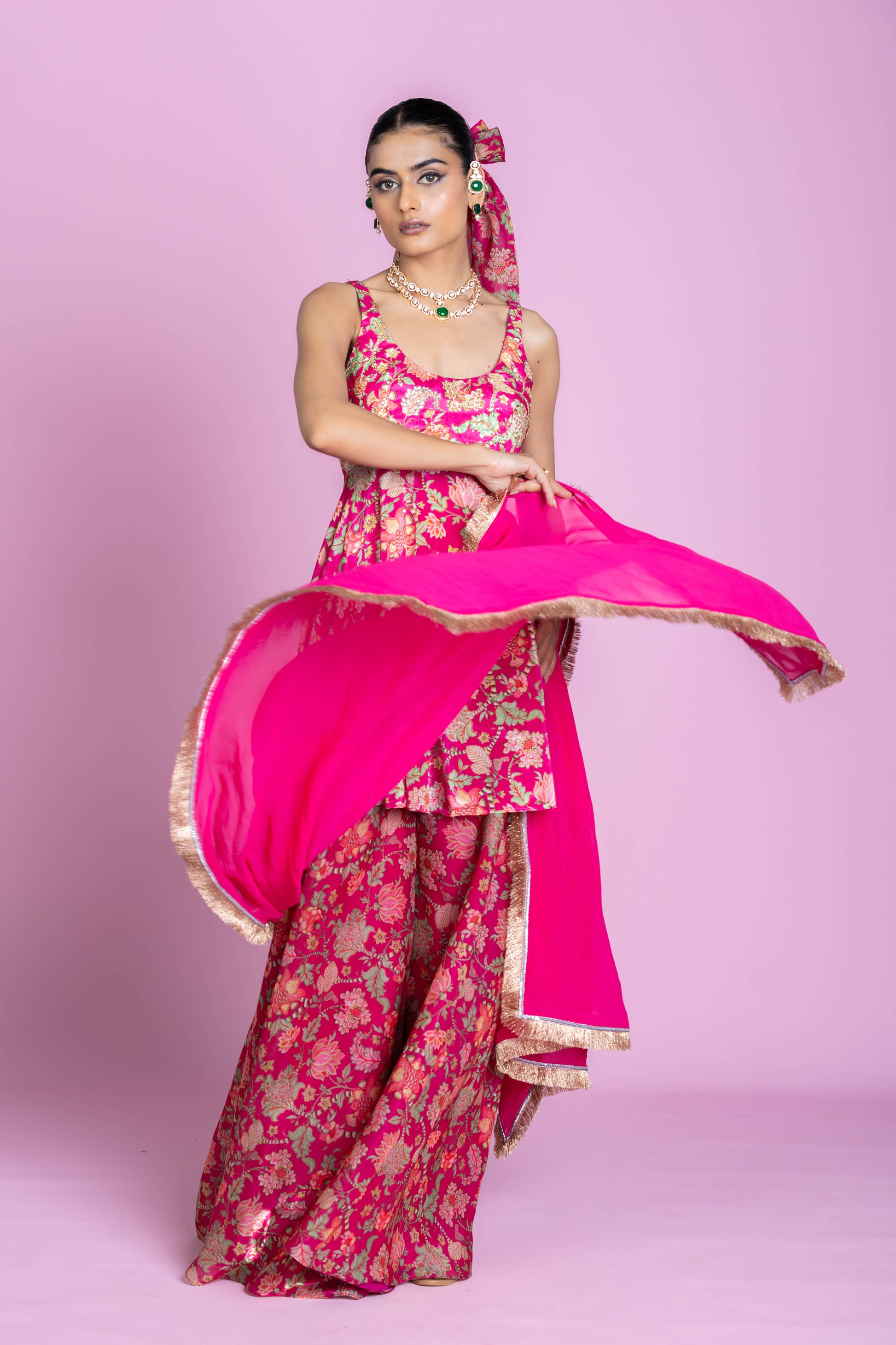 Rani Pink Floral Peplum Kurti Palazzo Set with Dupatta