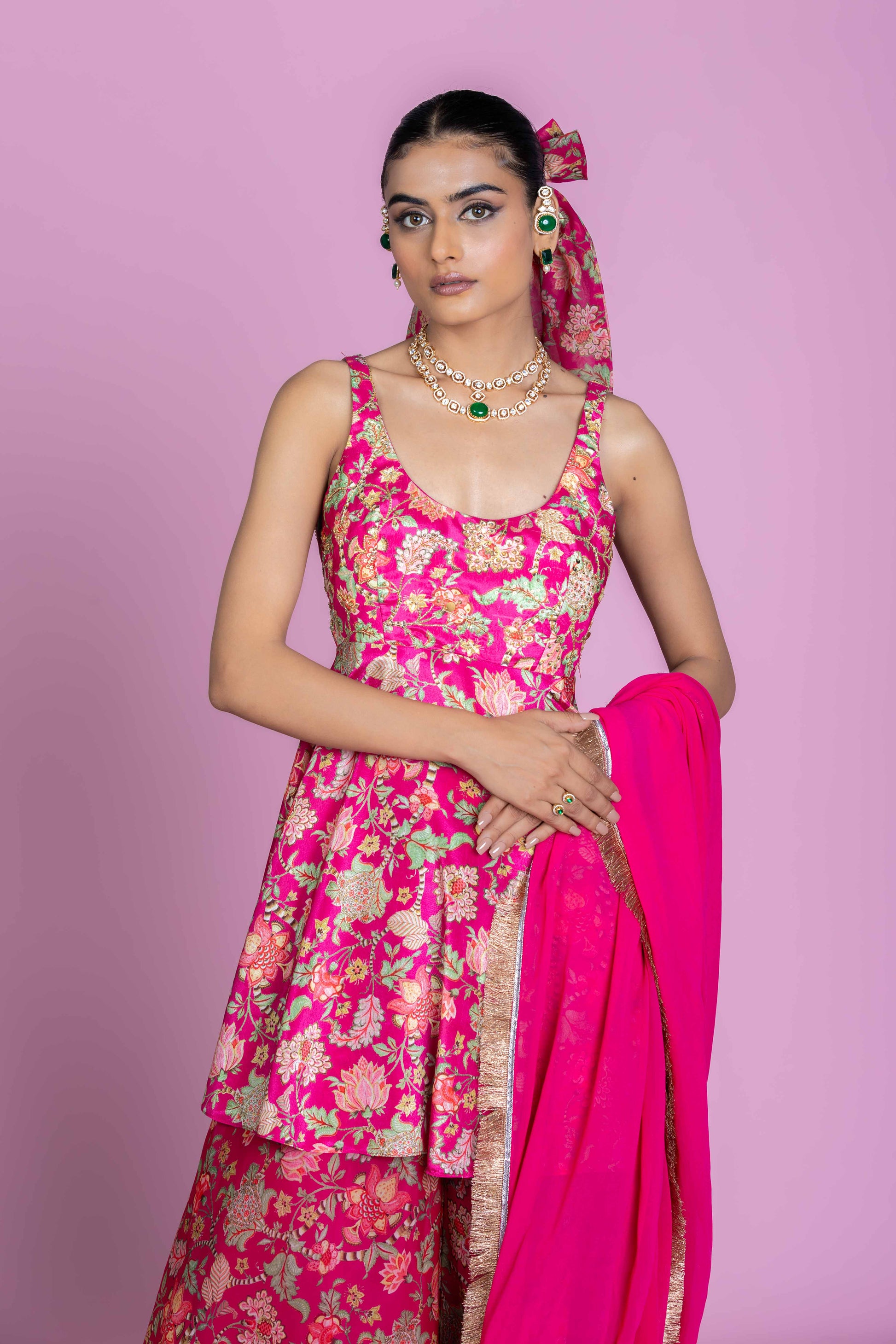 Rani Pink Floral Peplum Kurti Palazzo Set with Dupatta