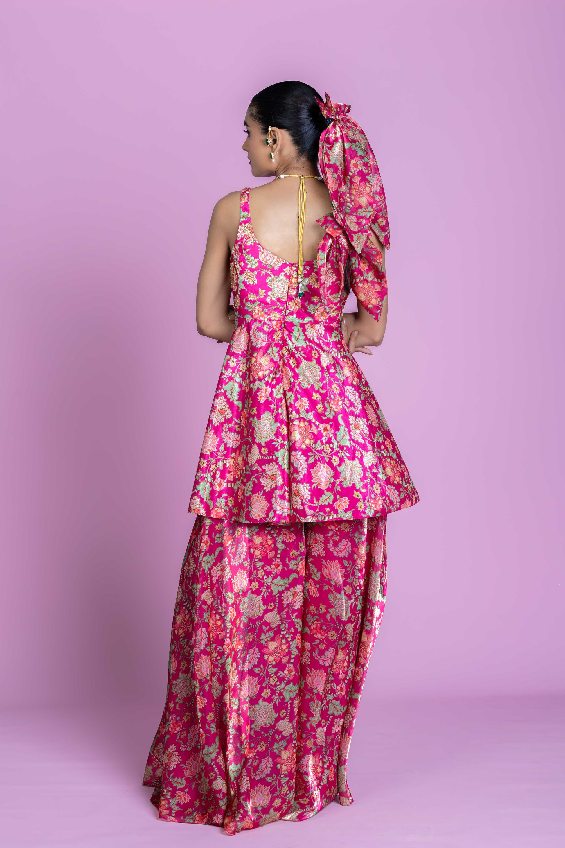 Rani Pink Floral Peplum Kurti Palazzo Set with Dupatta
