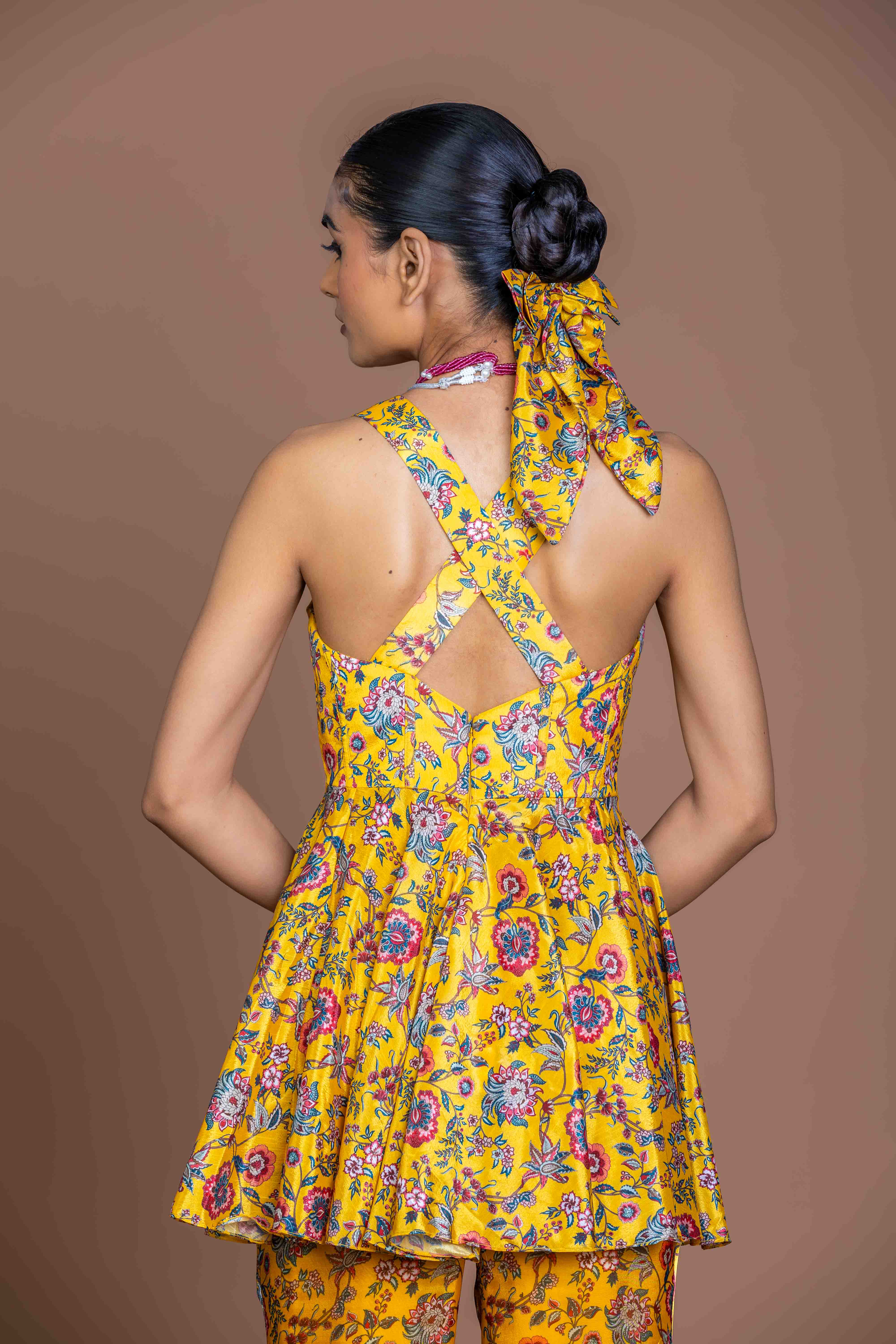 Mustard Yellow Floral Peplum Kurti Palazzo Set with Criss-Cross Back