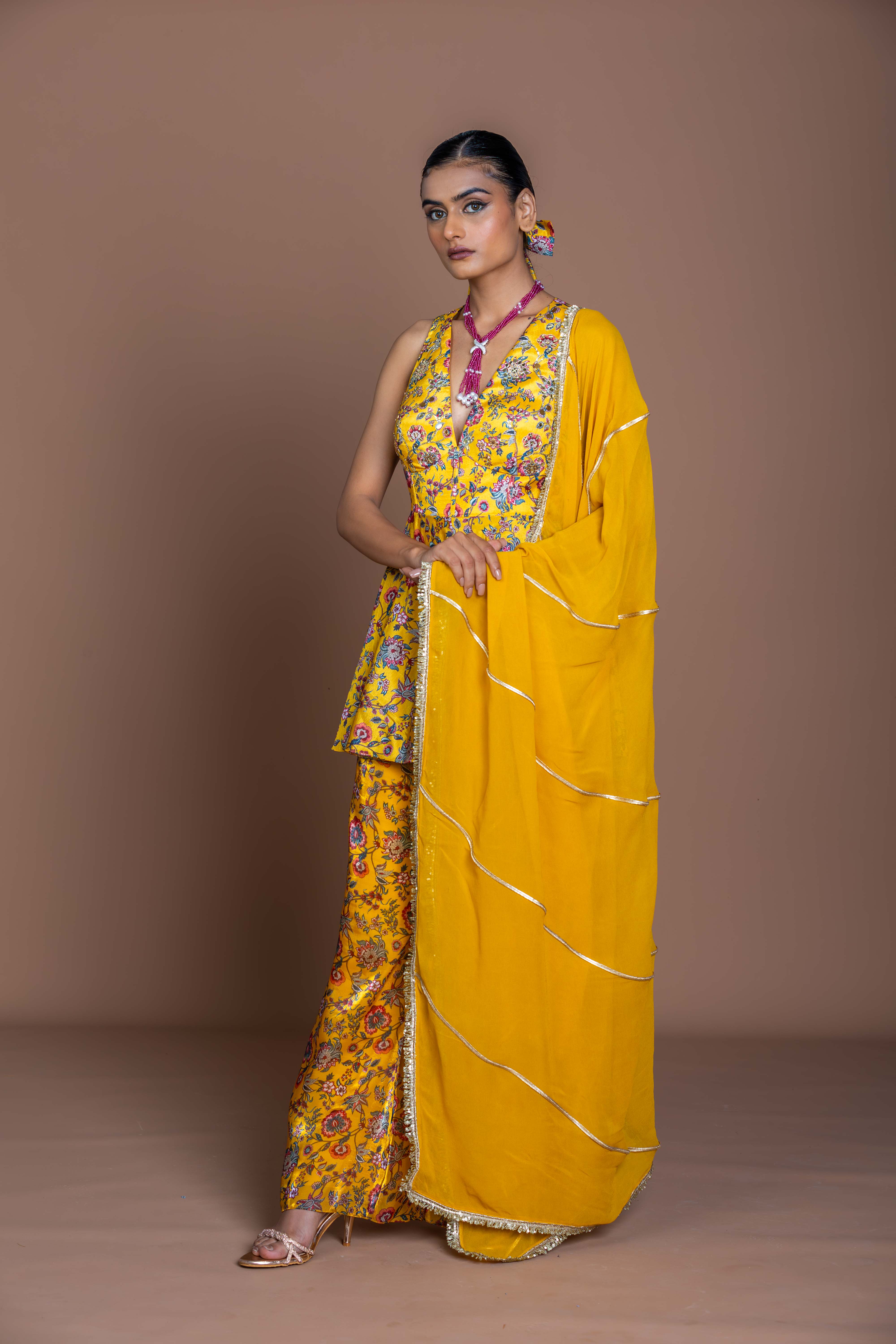 Mustard Yellow Floral Peplum Kurti Palazzo Set with Criss-Cross Back