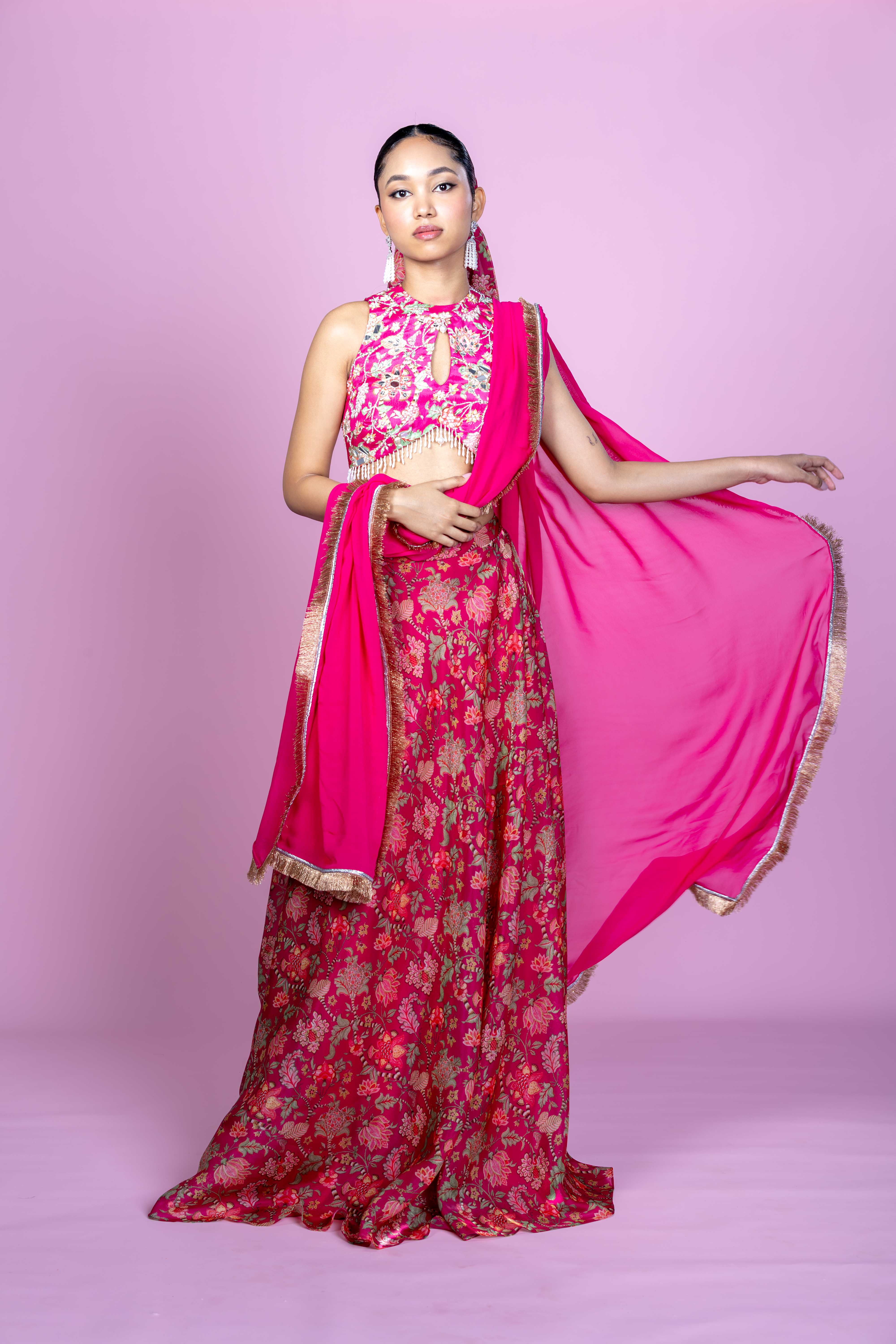 Fuschia Pink Floral Crop Top Lehenga Set for Festive Occasions