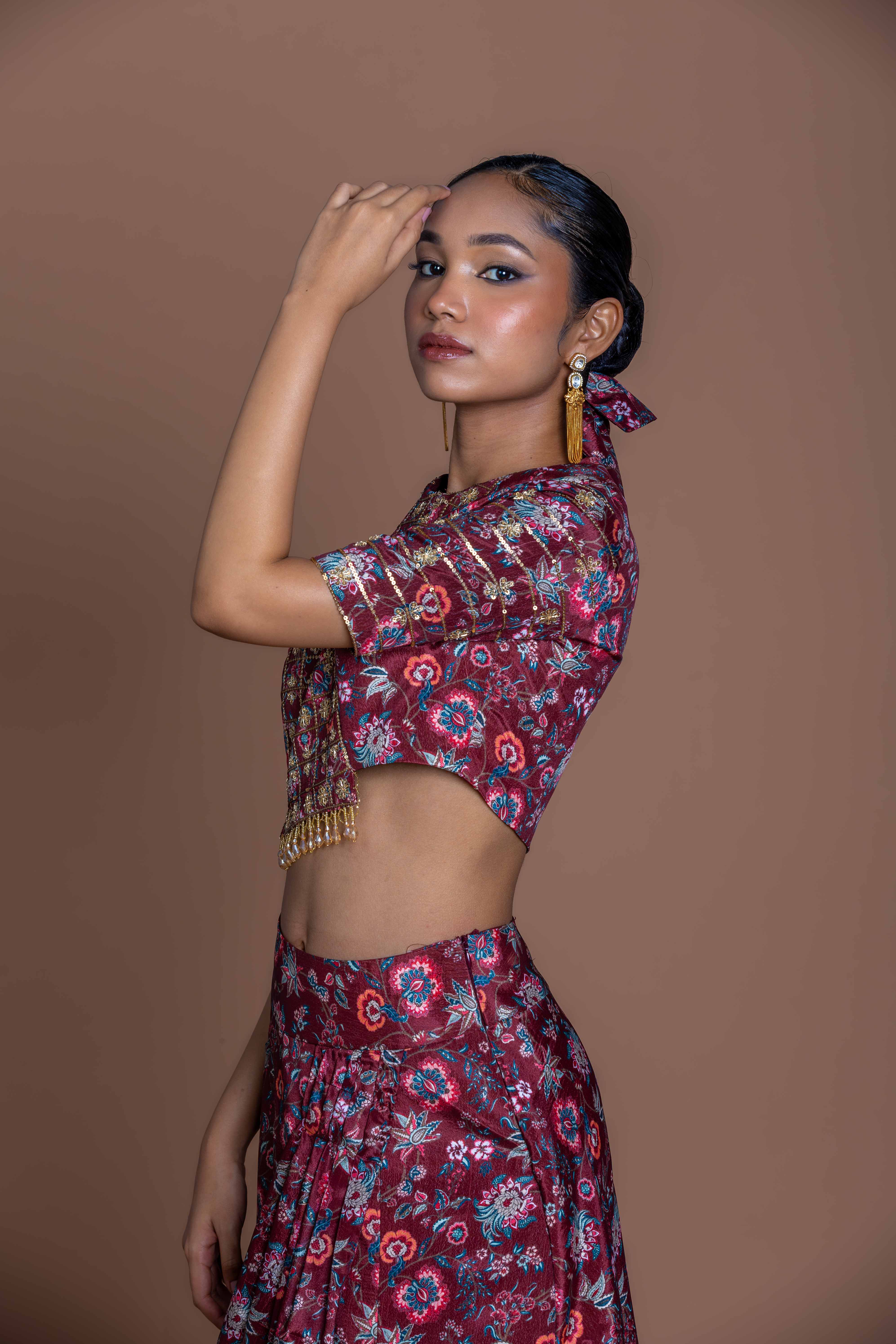 Garnet Maroon Embroidered Crop Top & Draped Slit Skirt Set