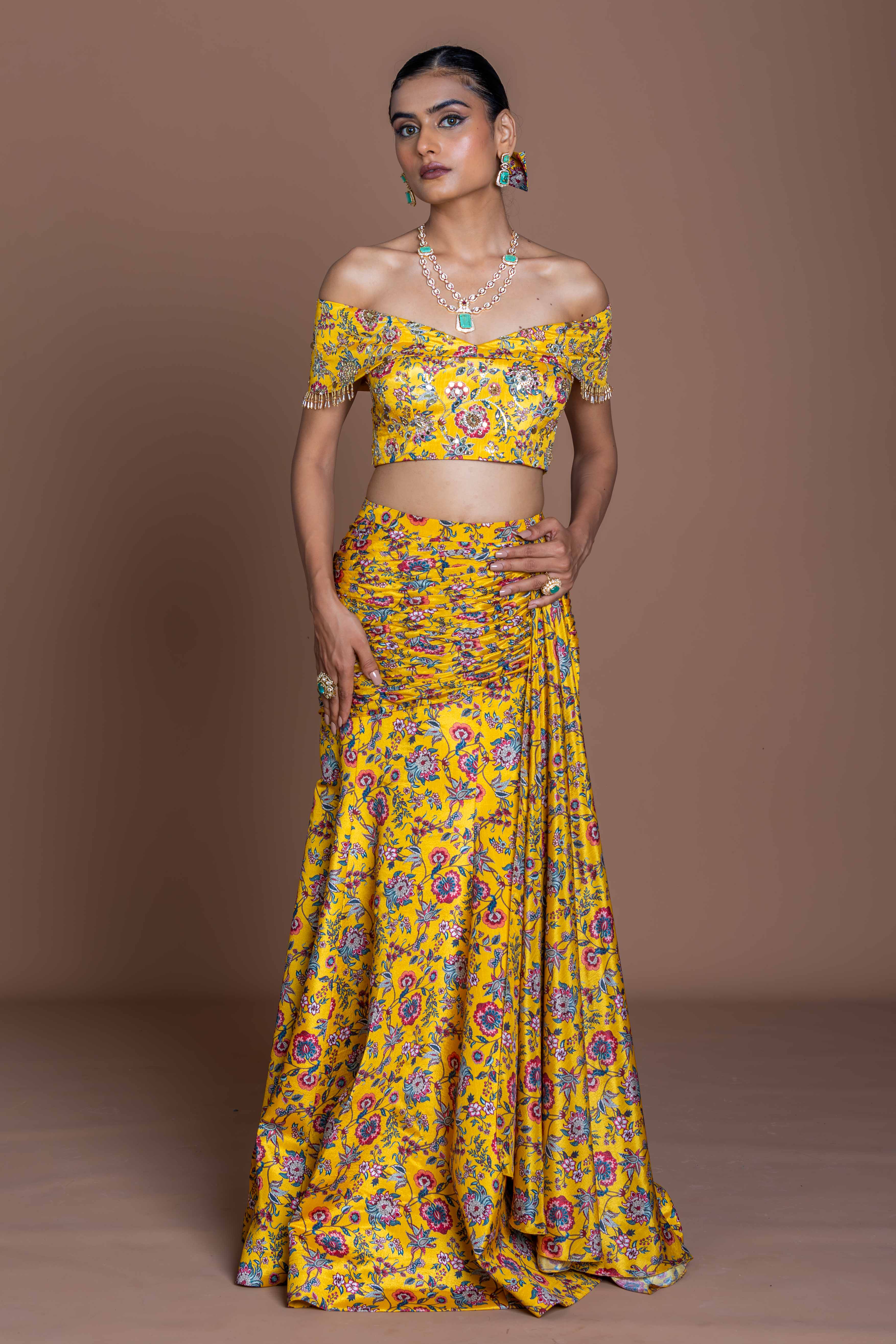 Sunshine Yellow Floral Off-Shoulder Top & Mermaid Skirt Set