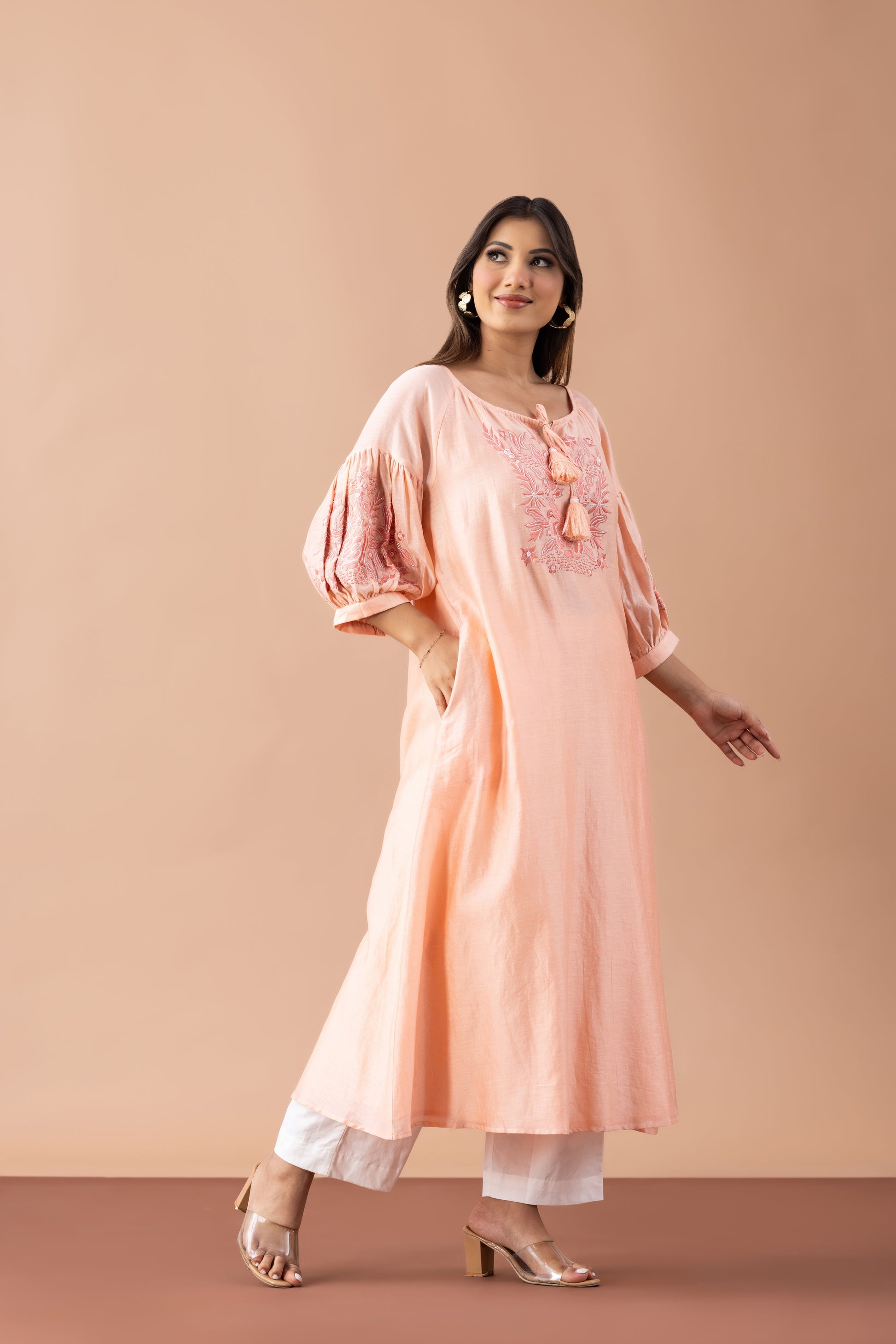 Aftaab Peach Chanderi Kurta with Embroidered Bishop Sleeves