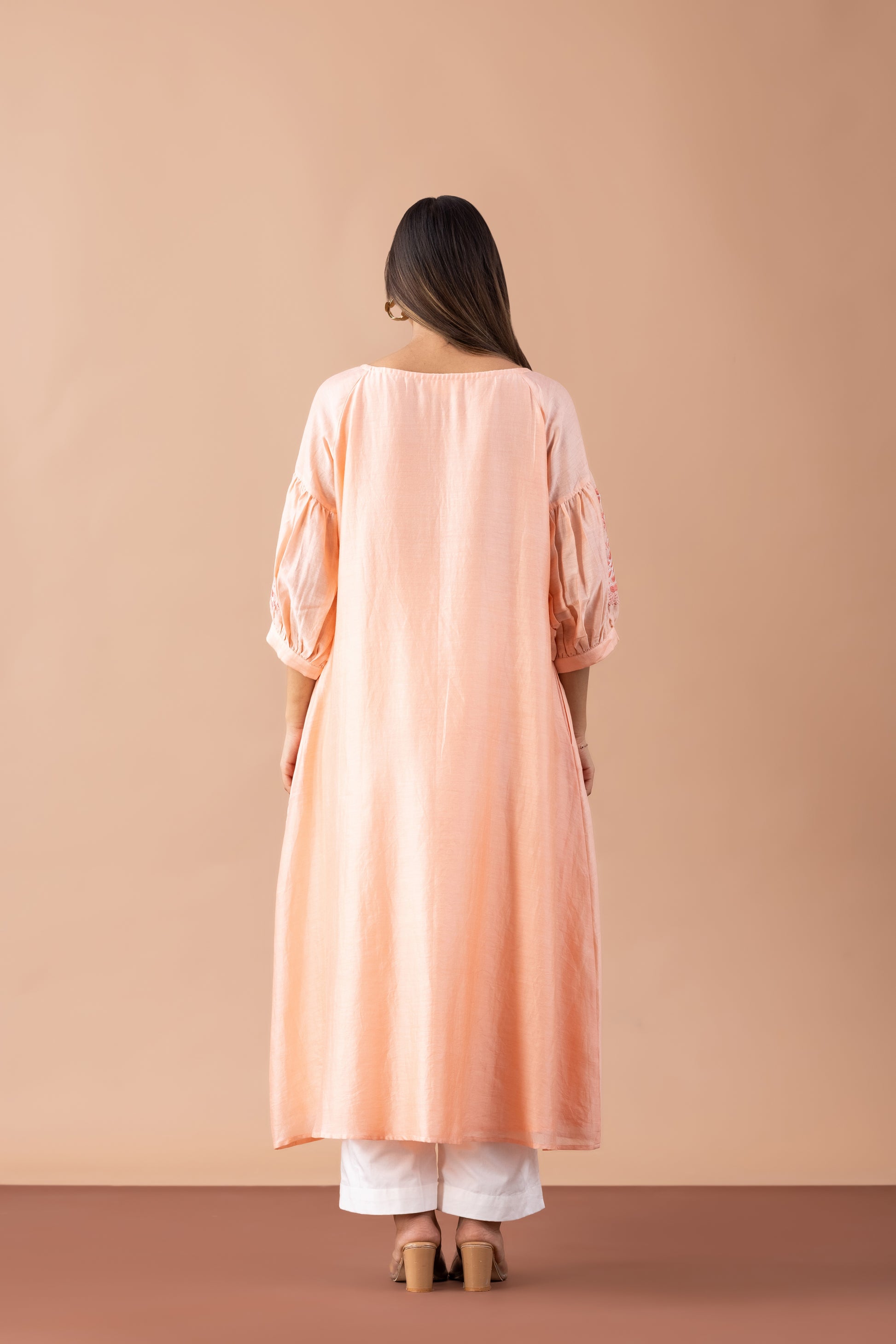 Aftaab Peach Chanderi Kurta with Embroidered Bishop Sleeves