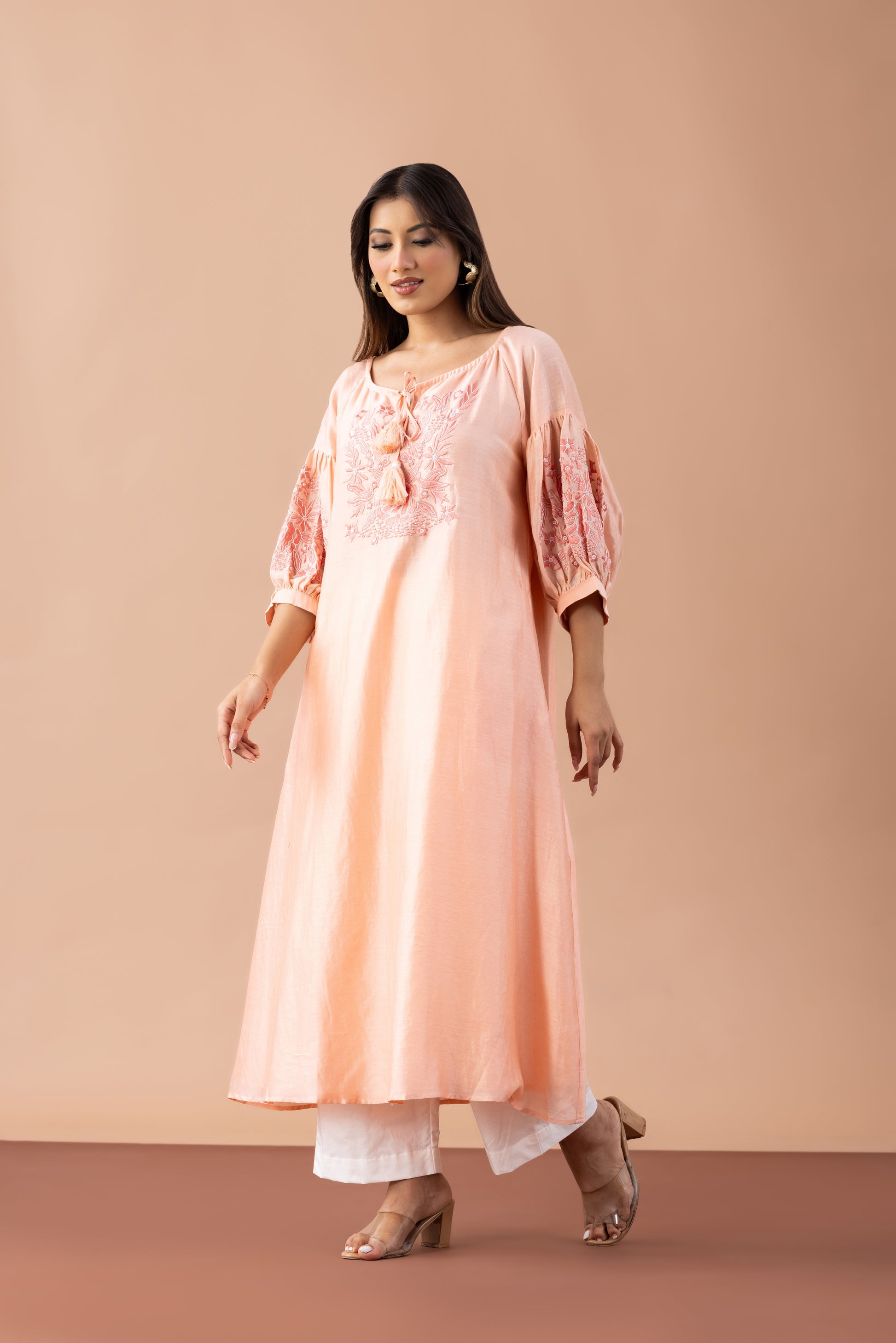 Aftaab Peach Chanderi Kurta with Embroidered Bishop Sleeves