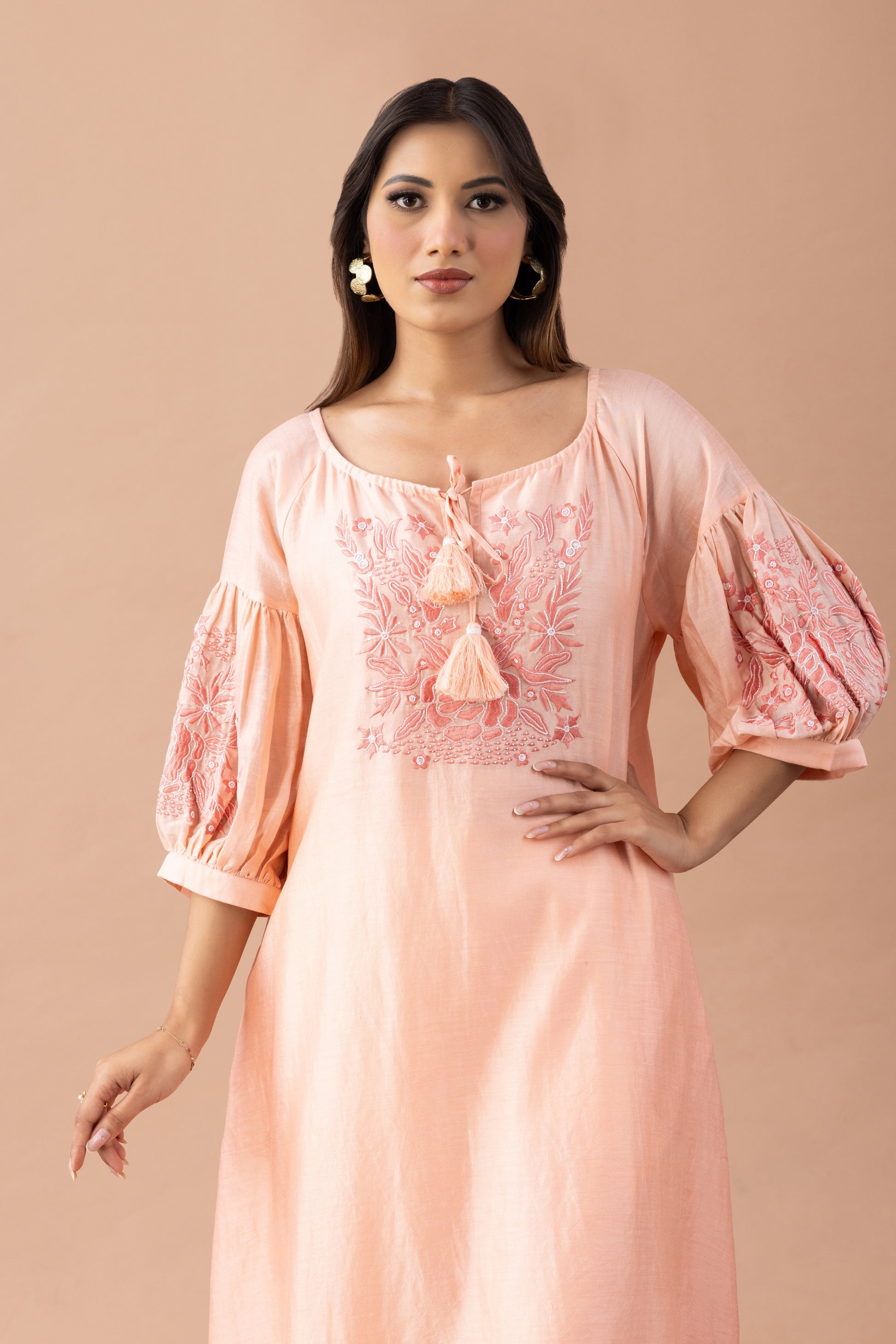 Aftaab Peach Chanderi Kurta with Embroidered Bishop Sleeves