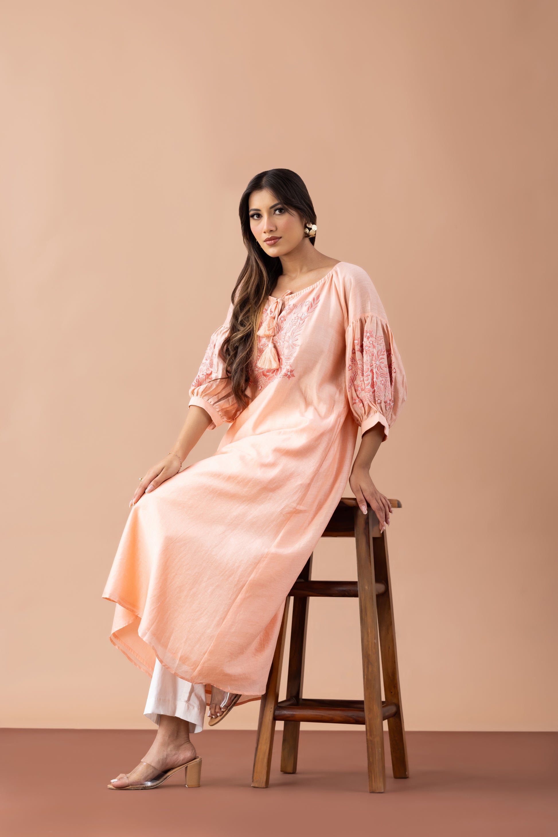 Aftaab Peach Chanderi Kurta with Embroidered Bishop Sleeves