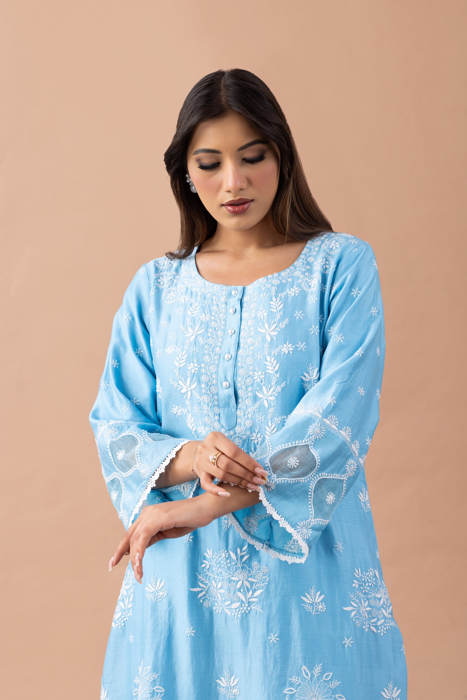 Firoza Turquoise Chikankari Embroidered Kurta Set