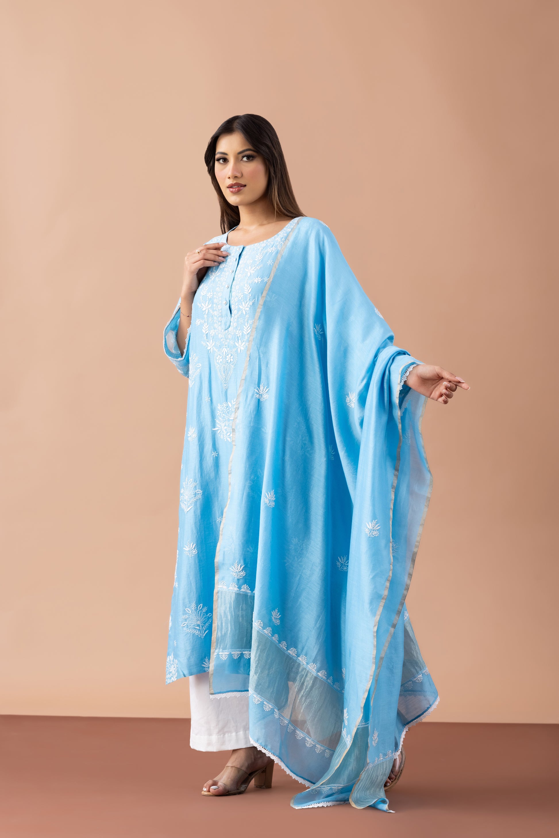 Firoza Turquoise Chikankari Embroidered Kurta Set