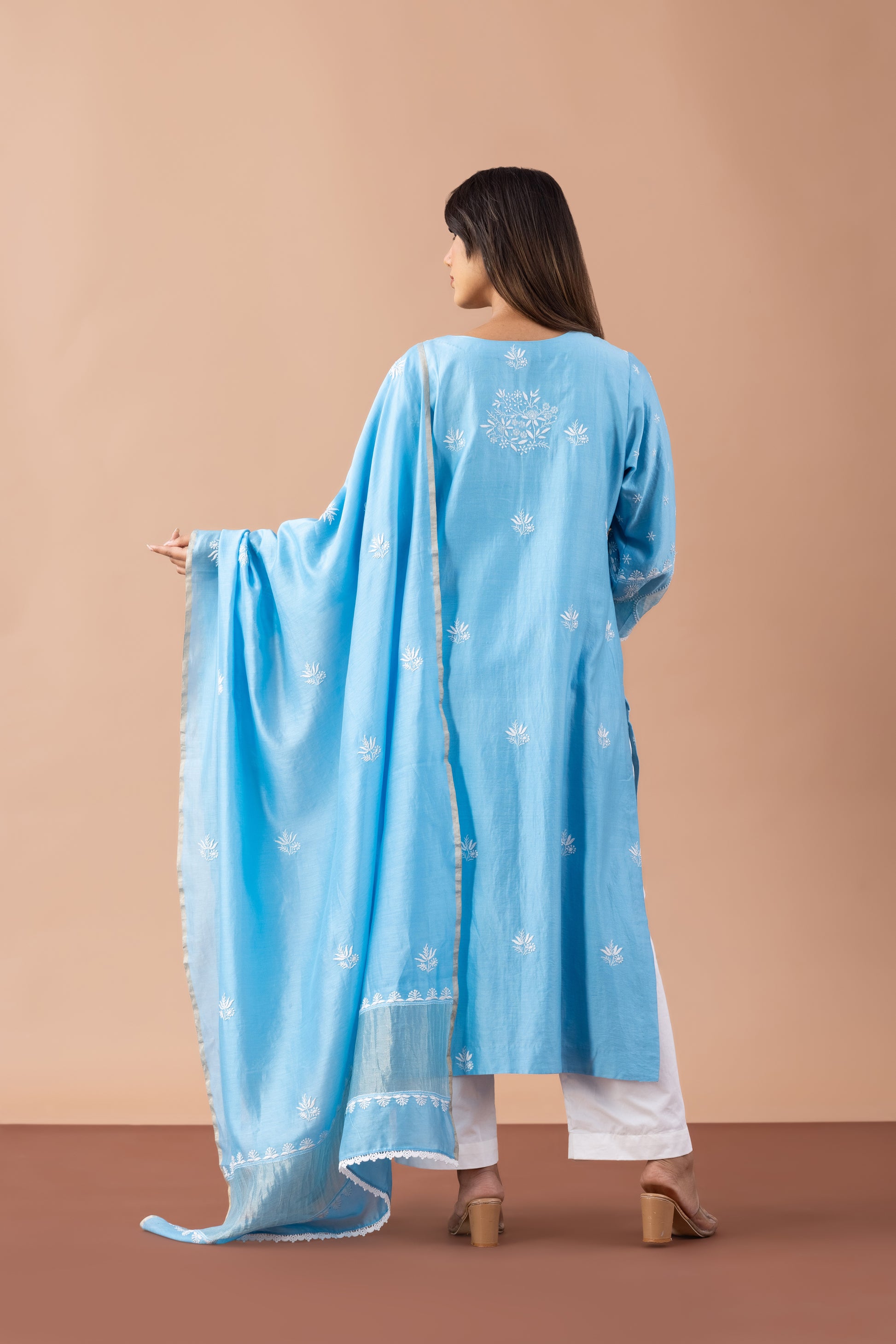 Firoza Turquoise Chikankari Embroidered Kurta Set