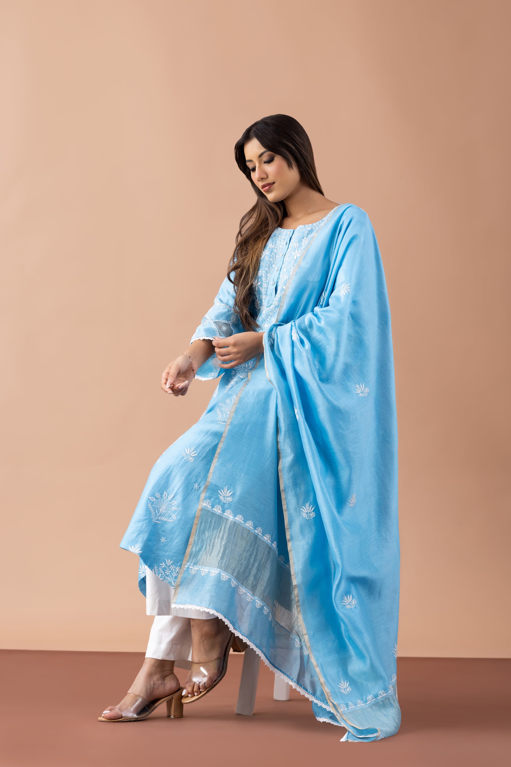 Firoza Turquoise Chikankari Embroidered Kurta Set
