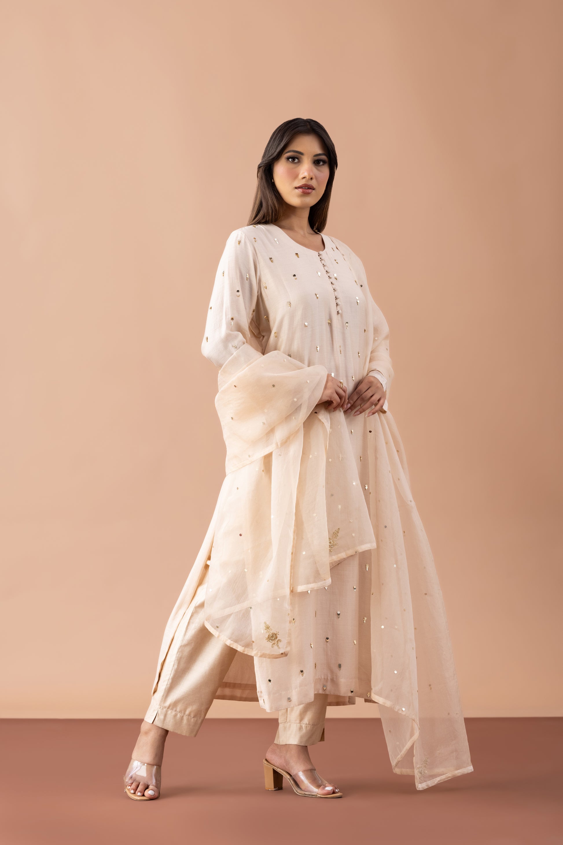 Sitara Beige Sequin Embellished Butter Silk Suit Set