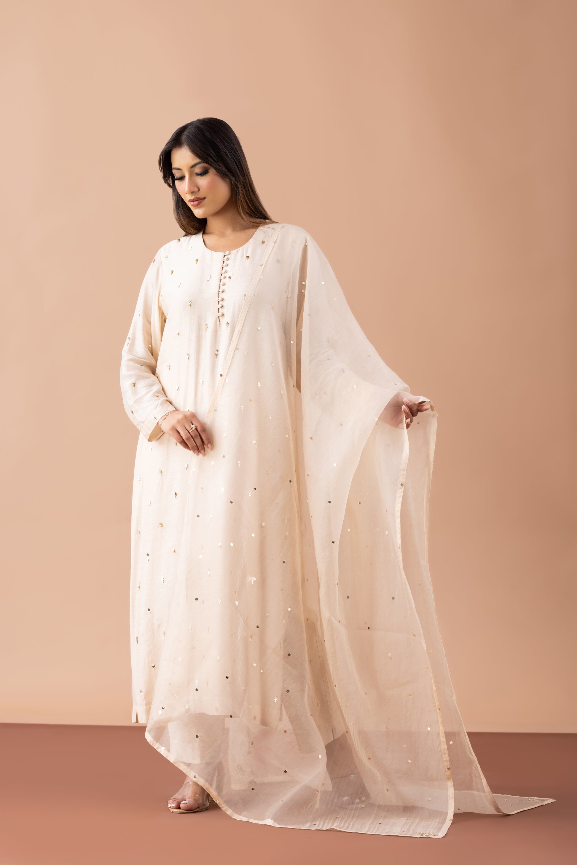 Sitara Beige Sequin Embellished Butter Silk Suit Set