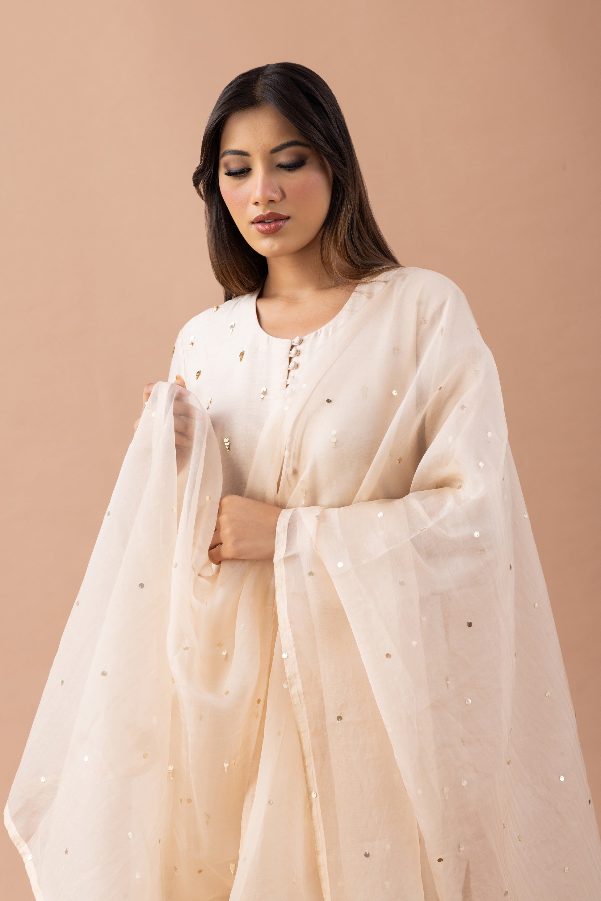 Sitara Beige Sequin Embellished Butter Silk Suit Set