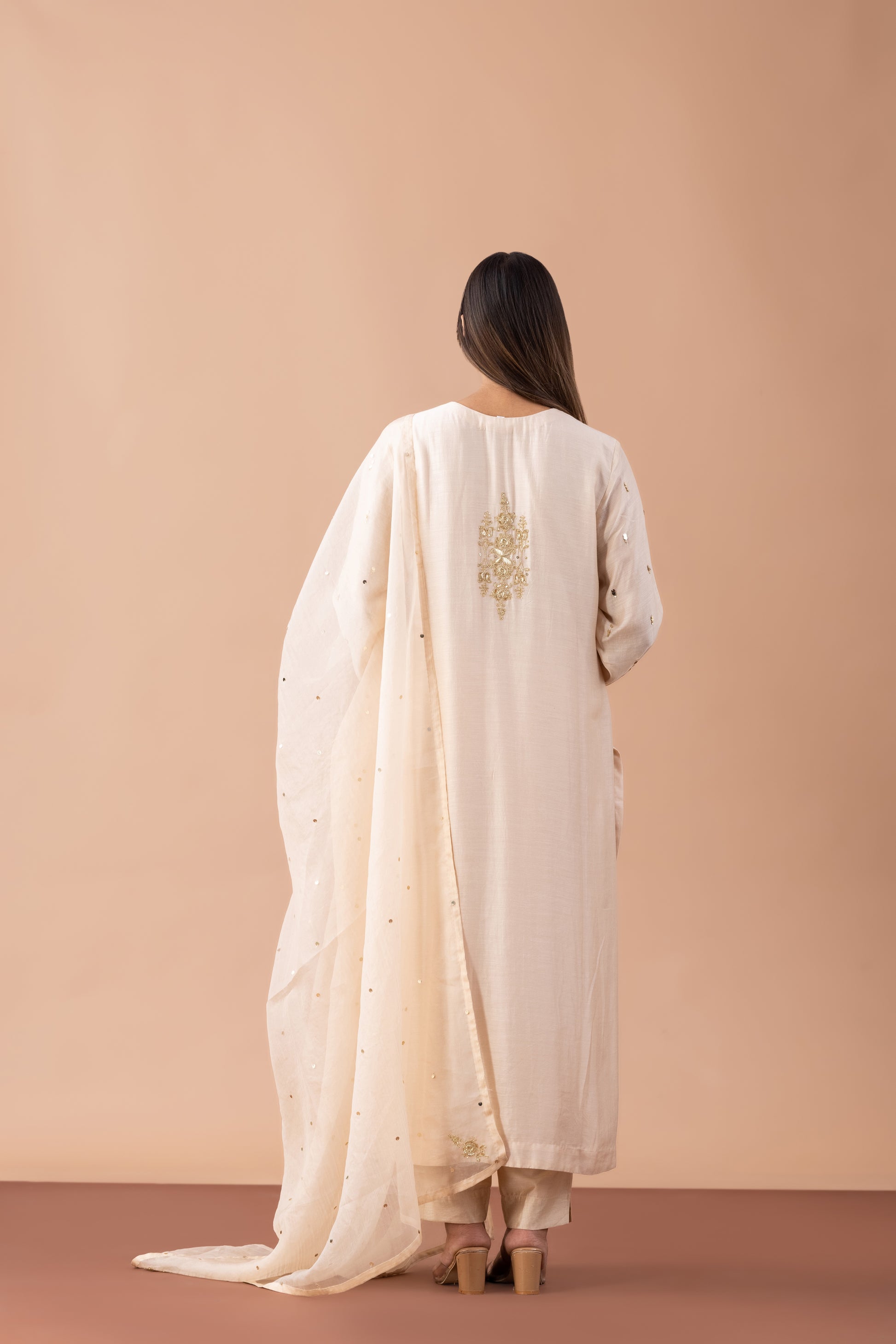 Sitara Beige Sequin Embellished Butter Silk Suit Set