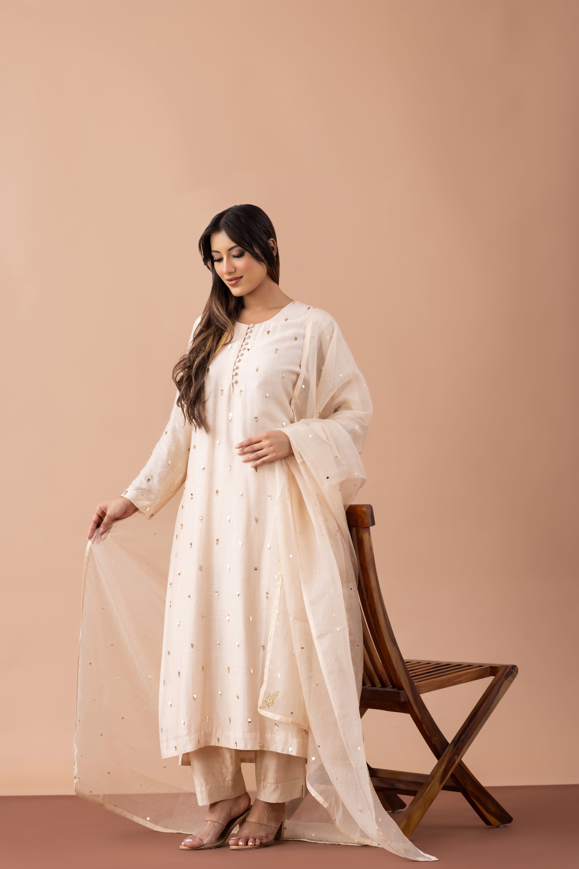 Sitara Beige Sequin Embellished Butter Silk Suit Set