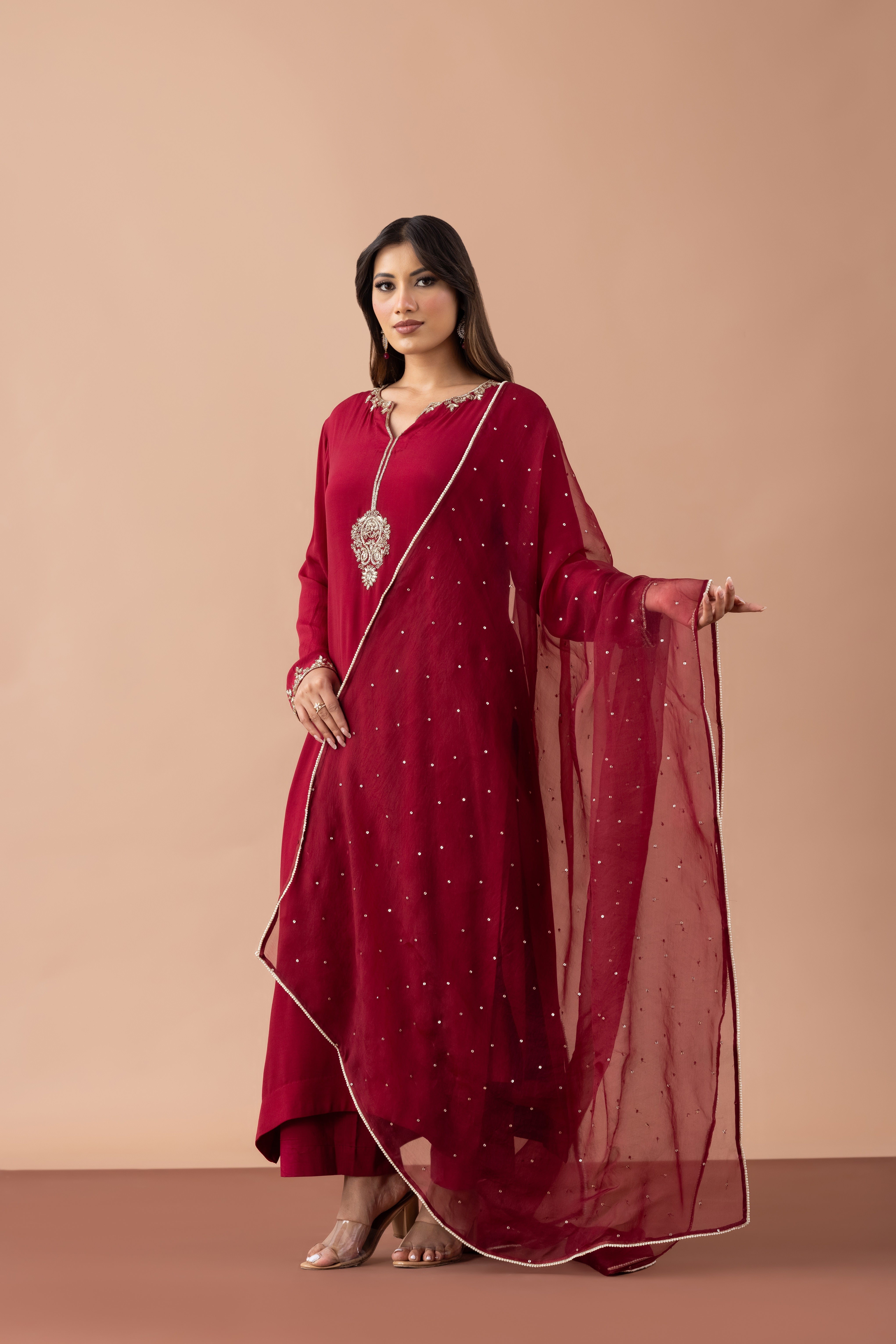 Naqsh Maroon Hand-Embroidered Crepe Suit Set
