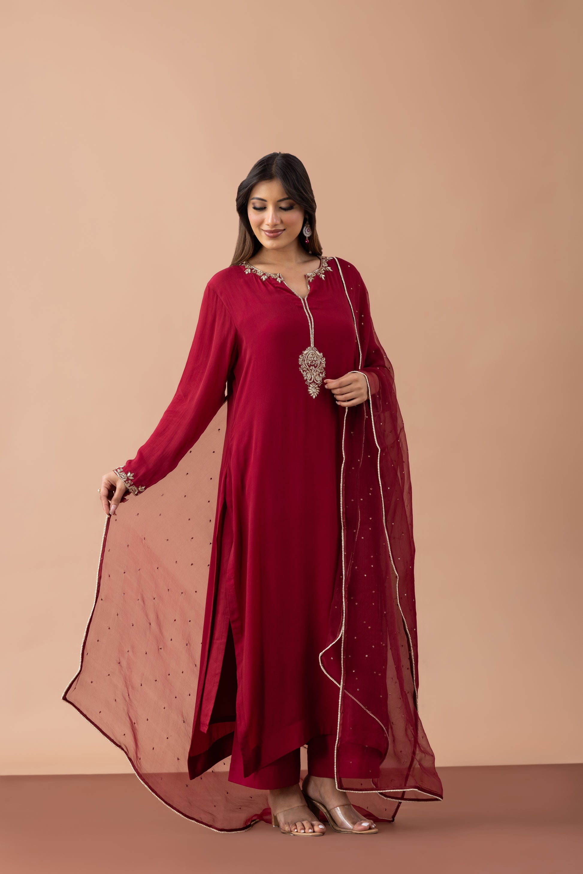Naqsh Maroon Hand-Embroidered Crepe Suit Set