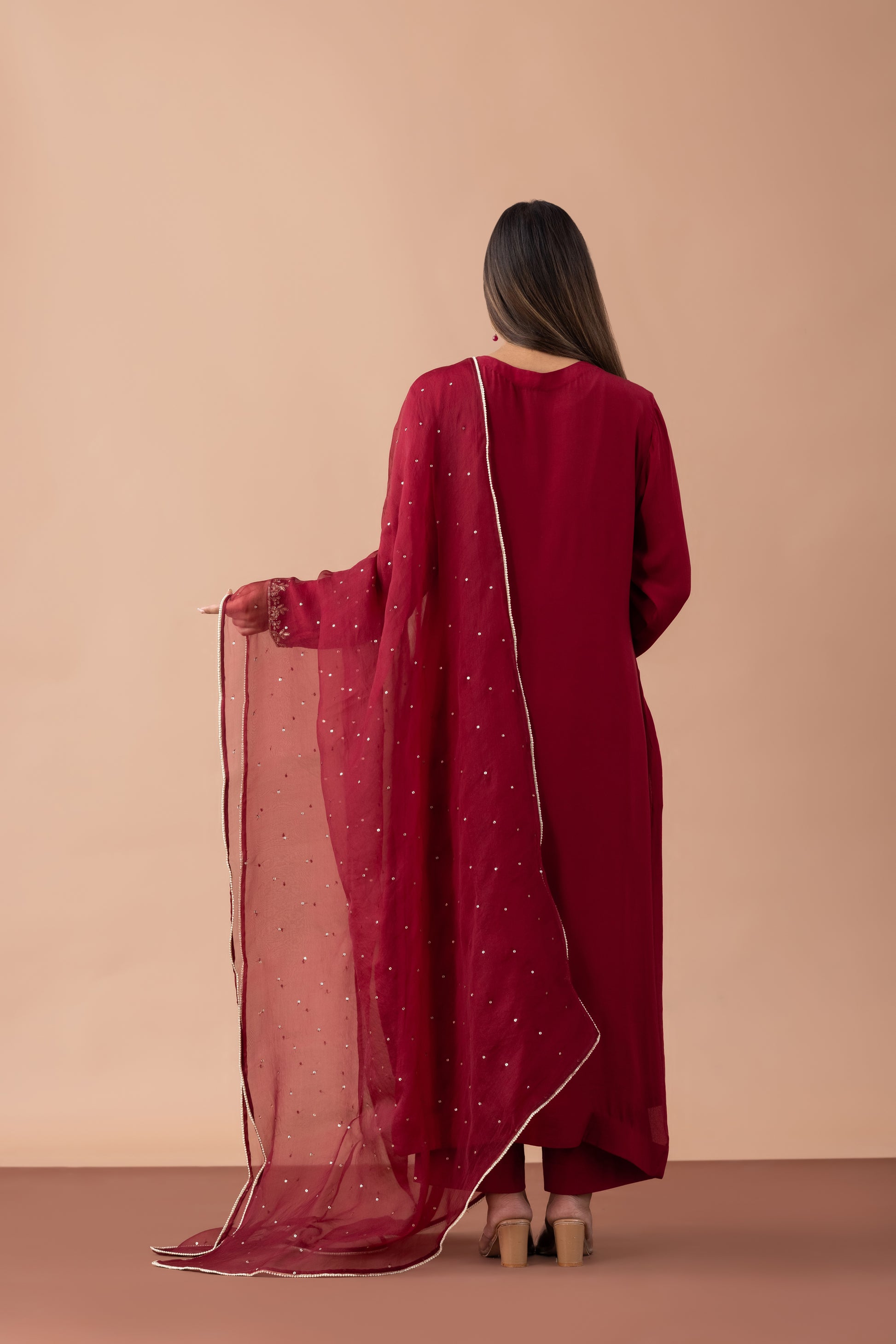 Naqsh Maroon Hand-Embroidered Crepe Suit Set
