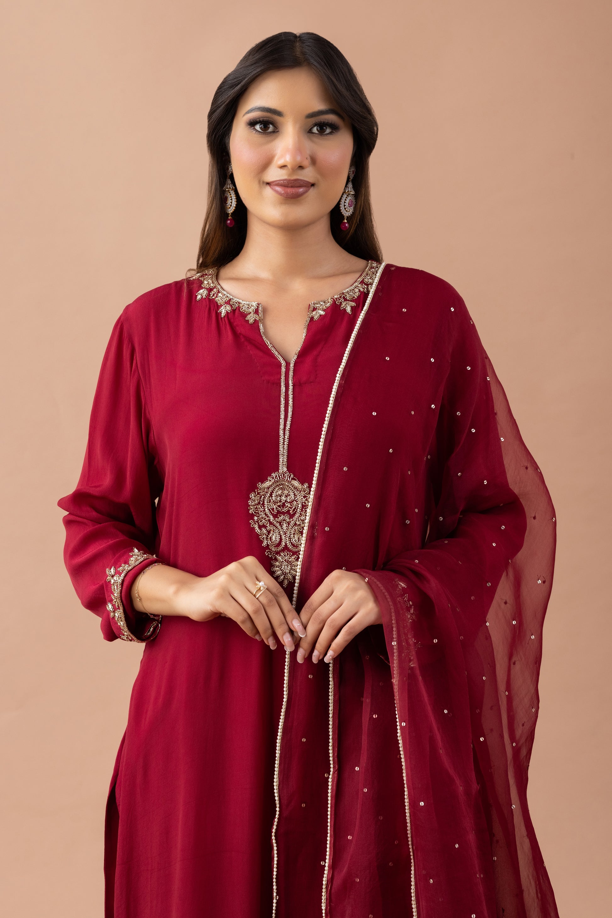Naqsh Maroon Hand-Embroidered Crepe Suit Set