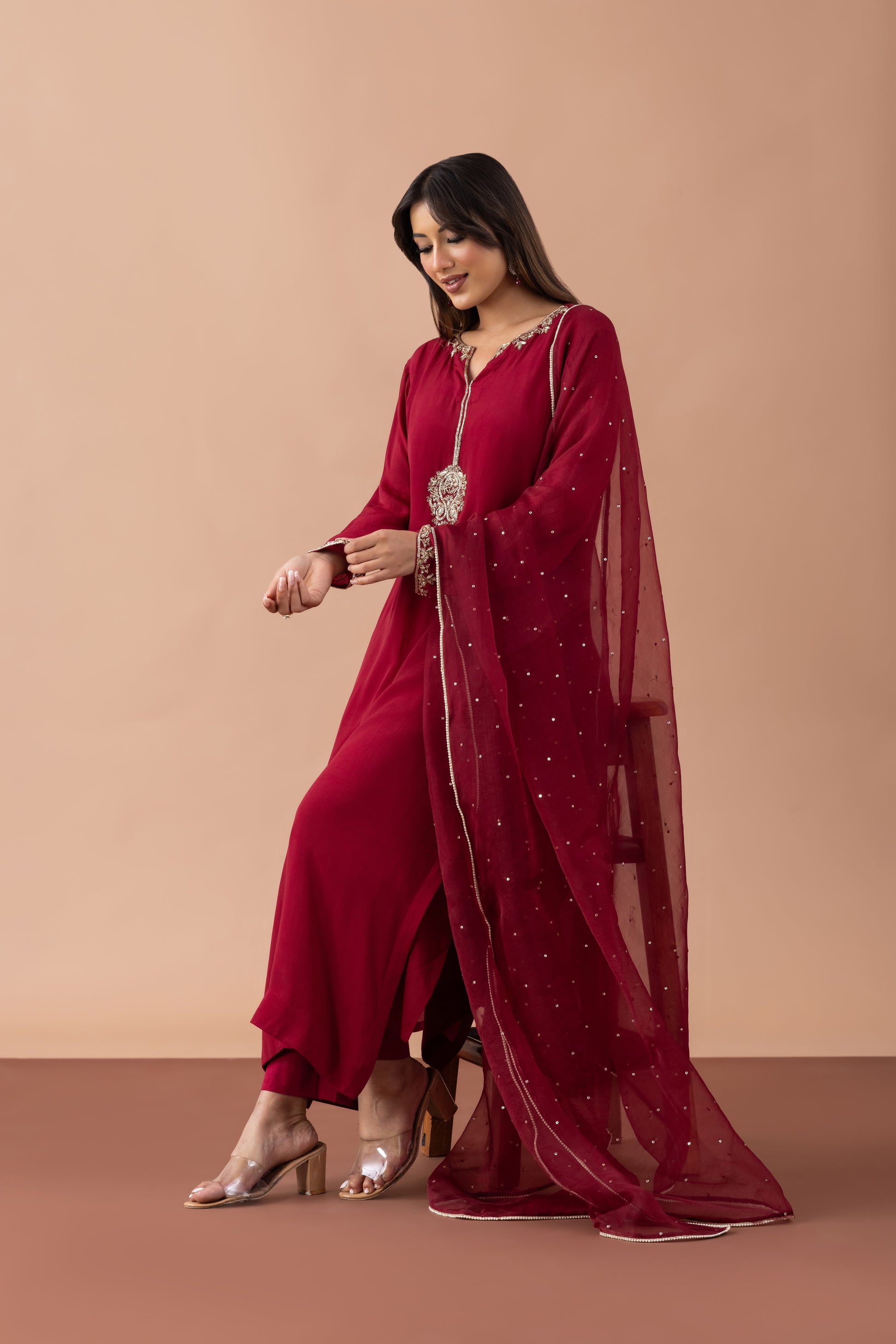 Naqsh Maroon Hand-Embroidered Crepe Suit Set