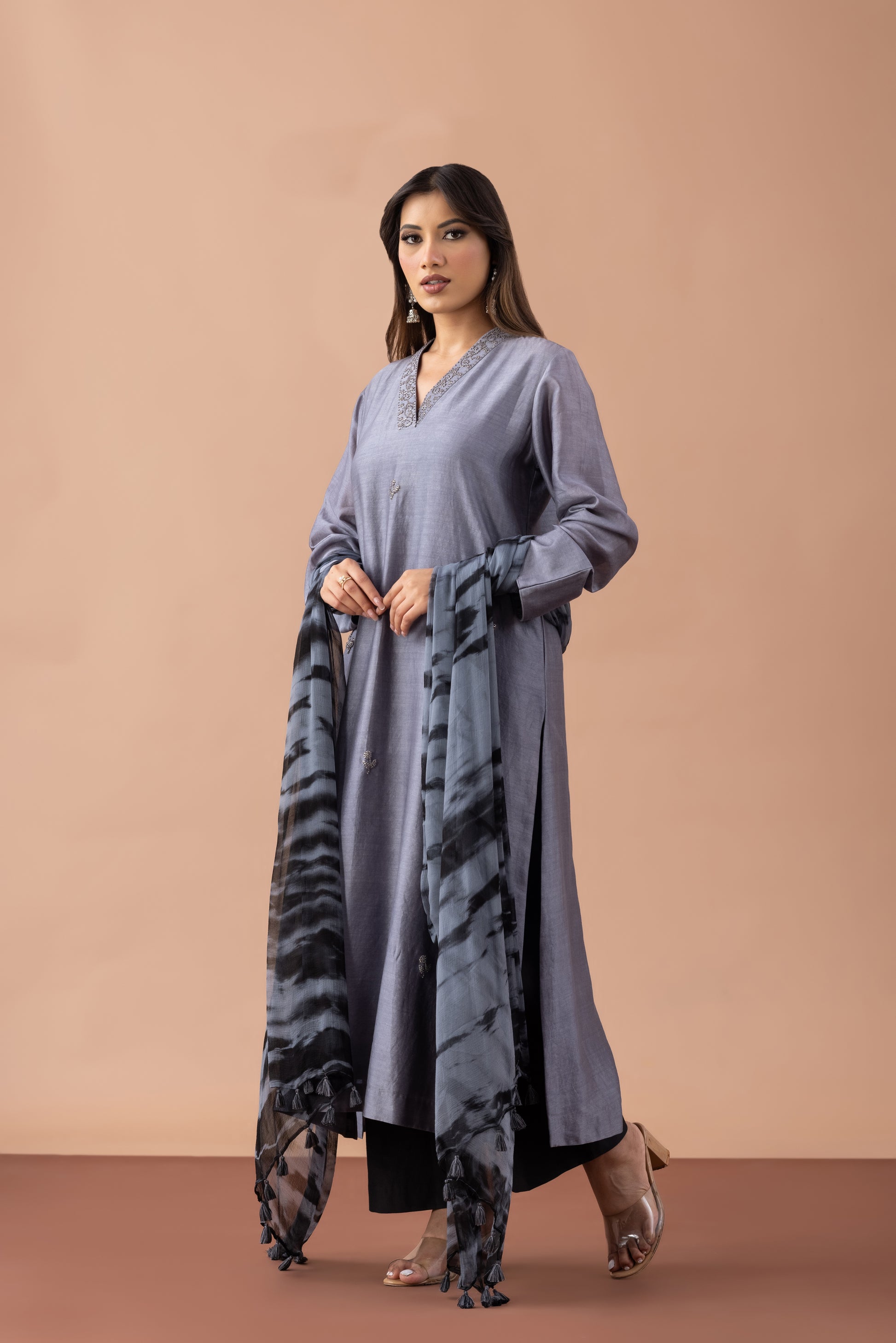 Riyasat Grey Chanderi Suit Set with Tie-Dye Dupatta