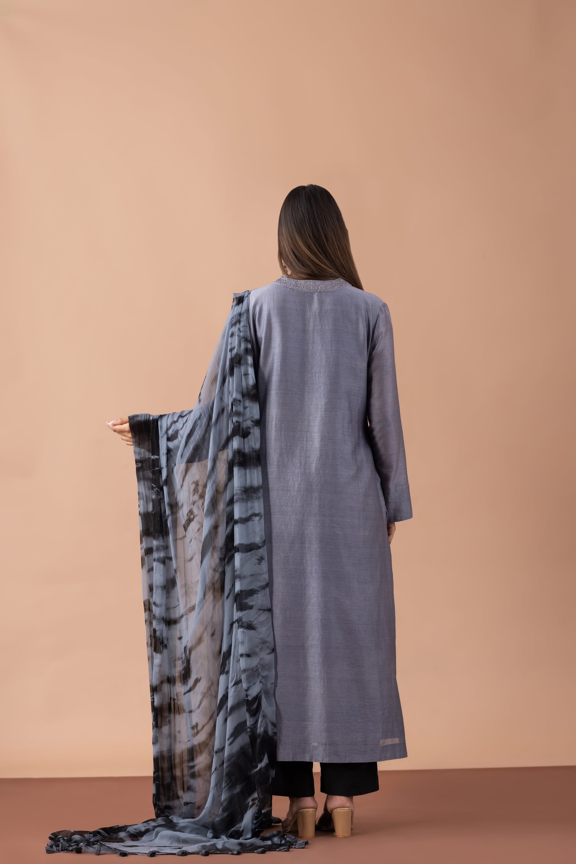 Riyasat Grey Chanderi Suit Set with Tie-Dye Dupatta