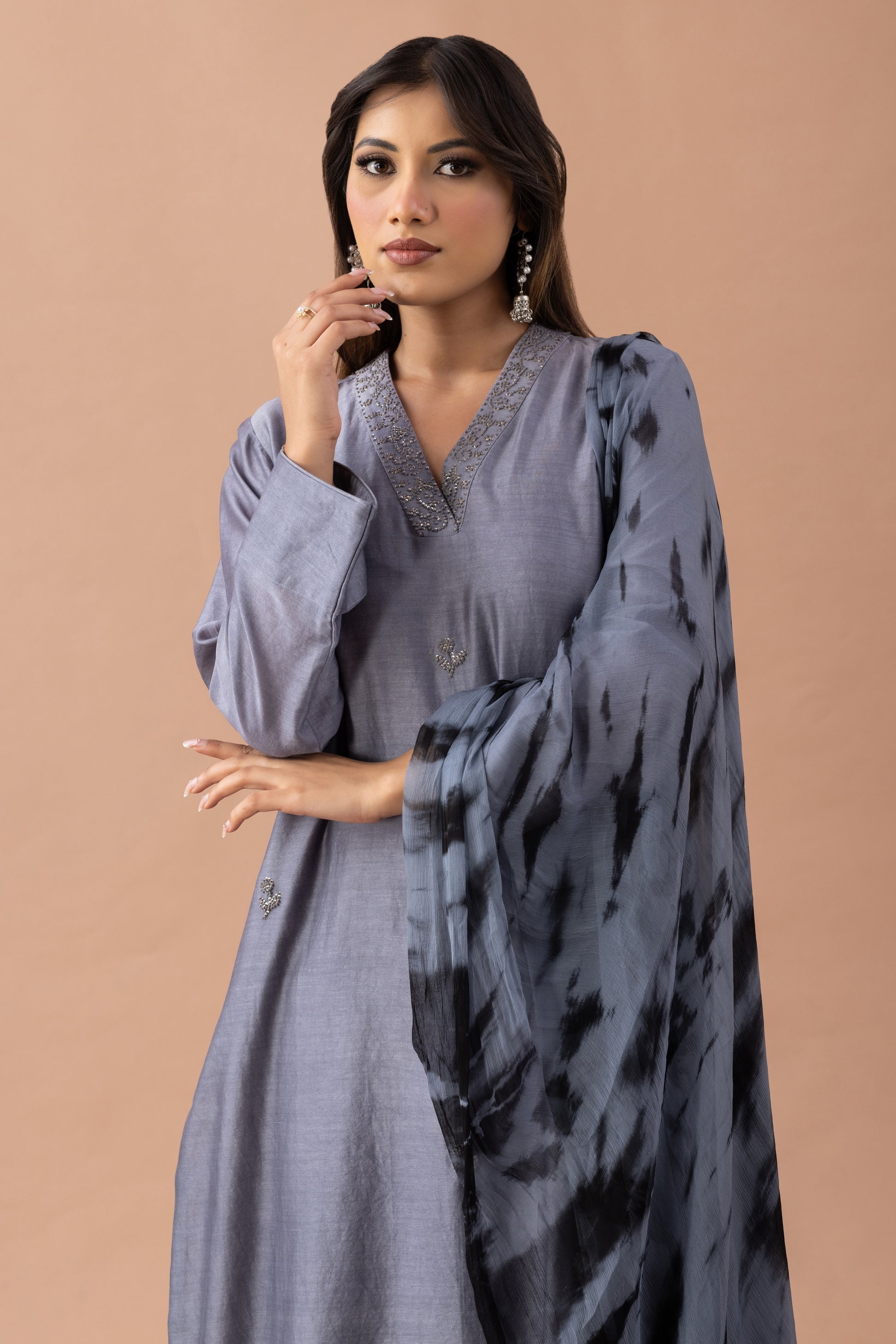 Riyasat Grey Chanderi Suit Set with Tie-Dye Dupatta