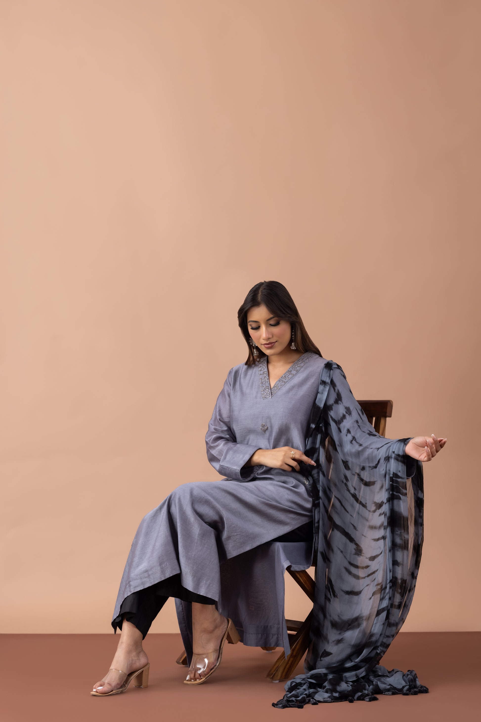 Riyasat Grey Chanderi Suit Set with Tie-Dye Dupatta