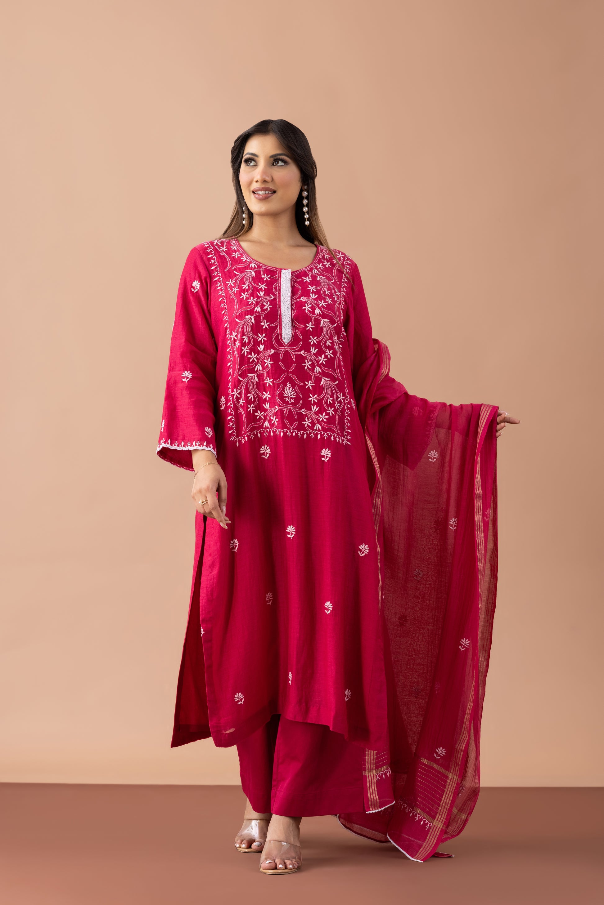 Gulbahar Mul Chanderi Kurta Set – Festive Raspberry
