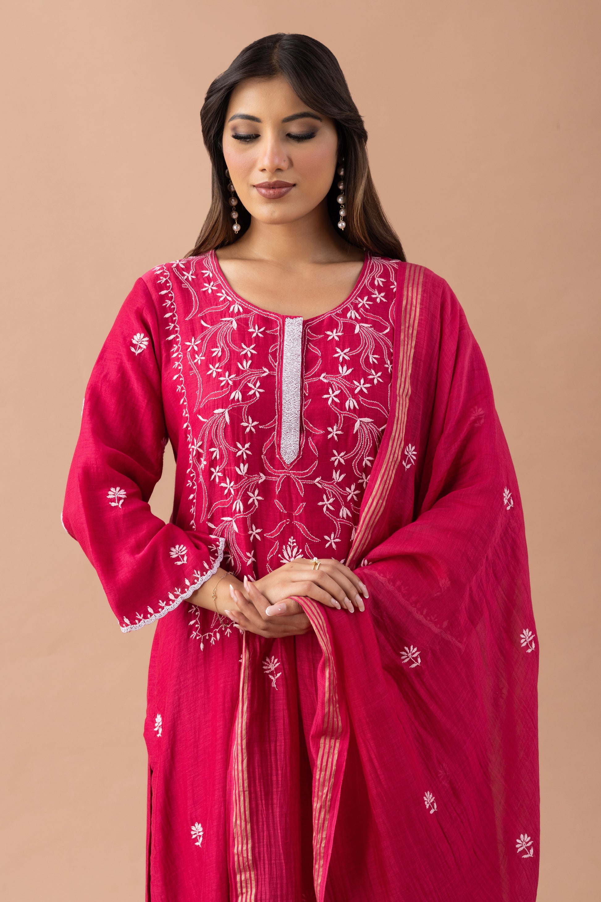 Gulbahar Mul Chanderi Kurta Set – Festive Raspberry