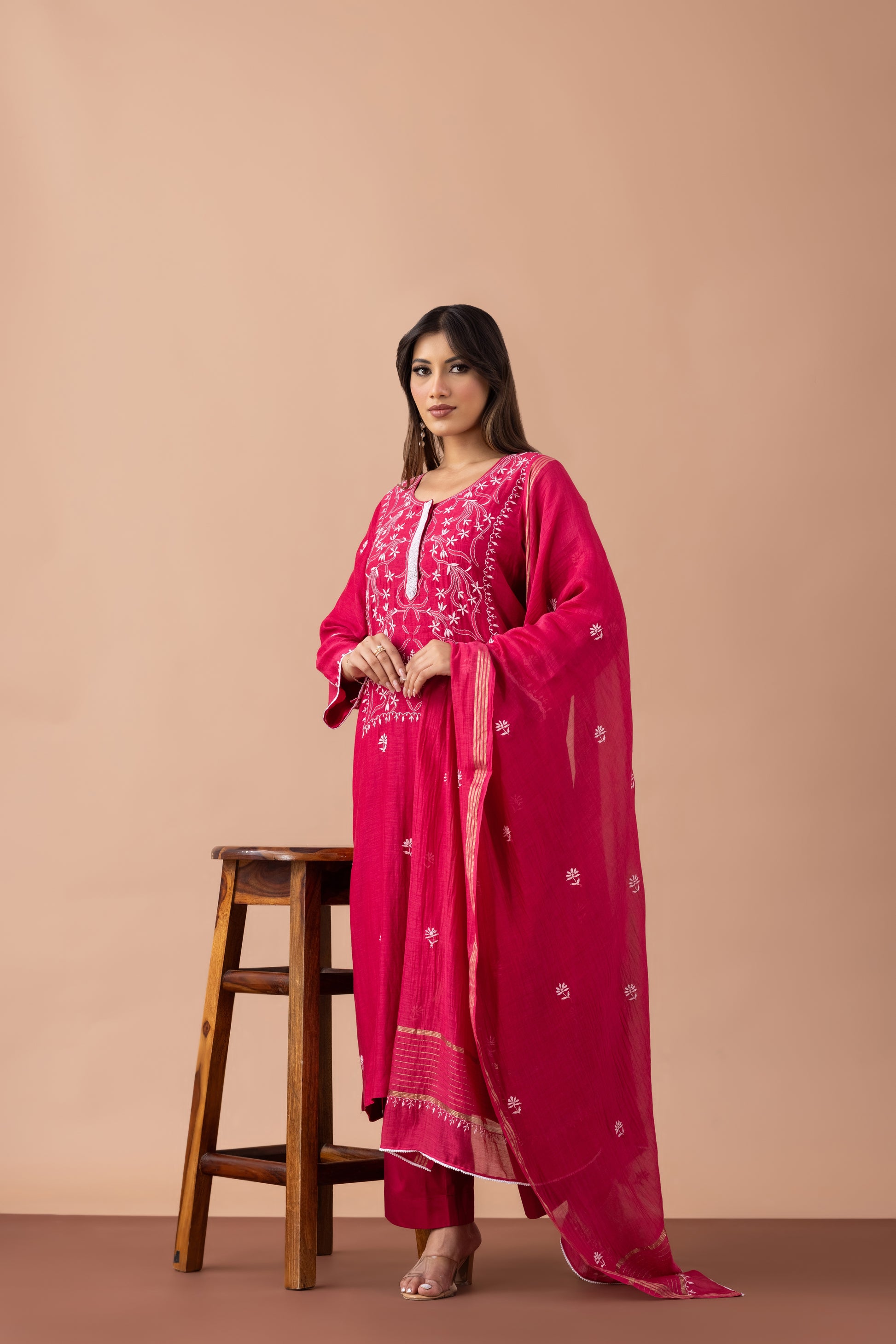 Gulbahar Mul Chanderi Kurta Set – Festive Raspberry