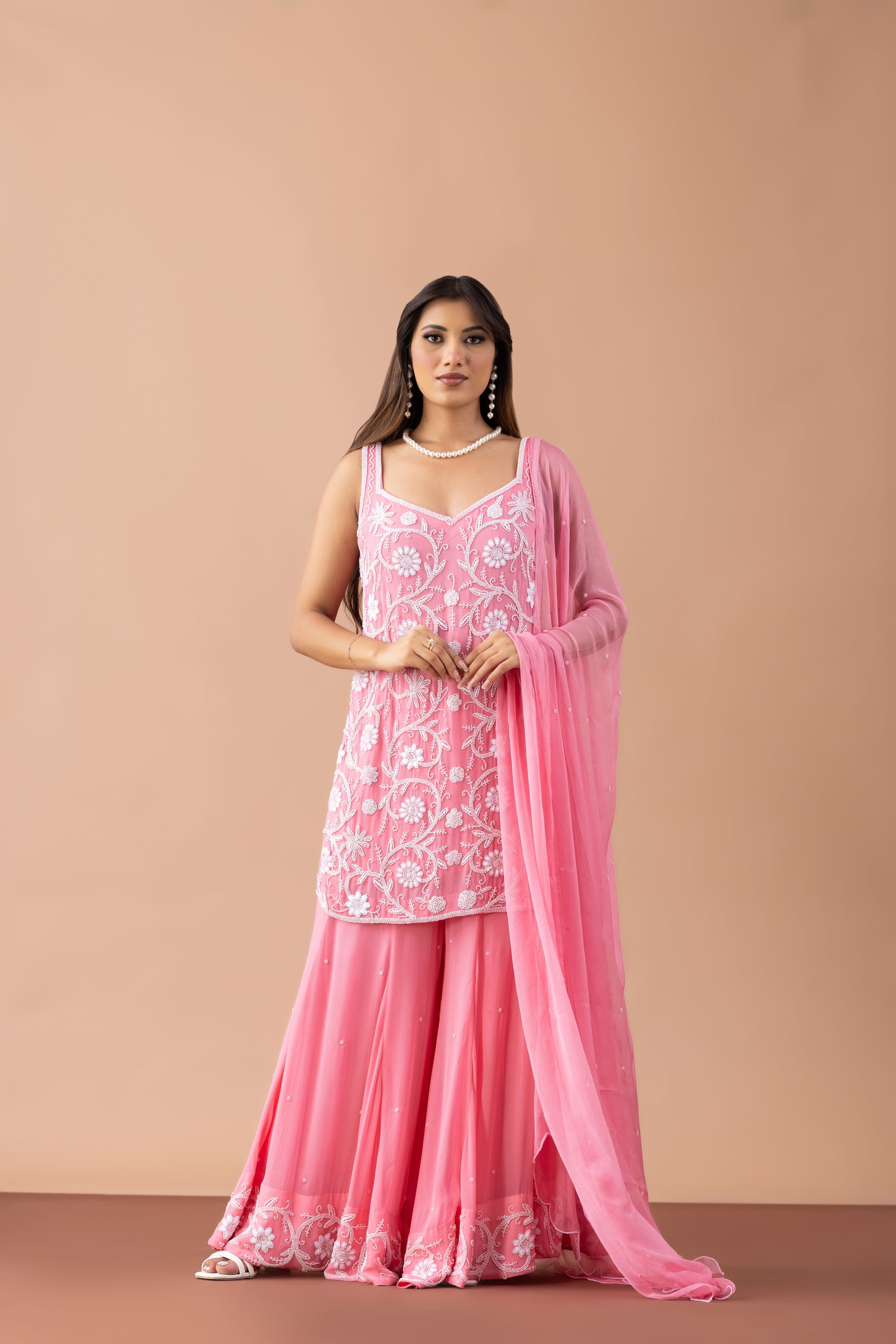 Pink Georgette Sharara Set with Pearl & Threadwork