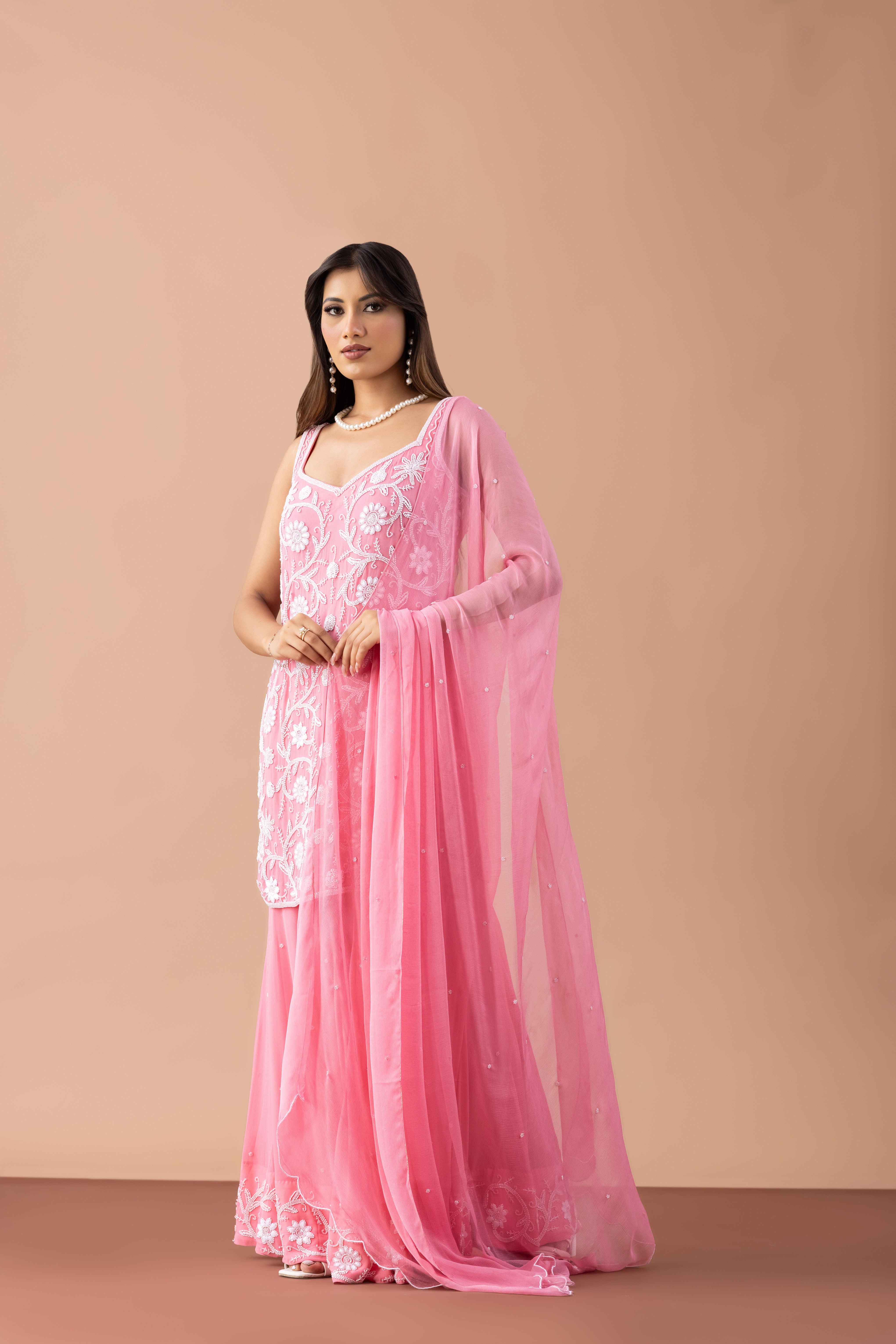 Pink Georgette Sharara Set with Pearl & Threadwork