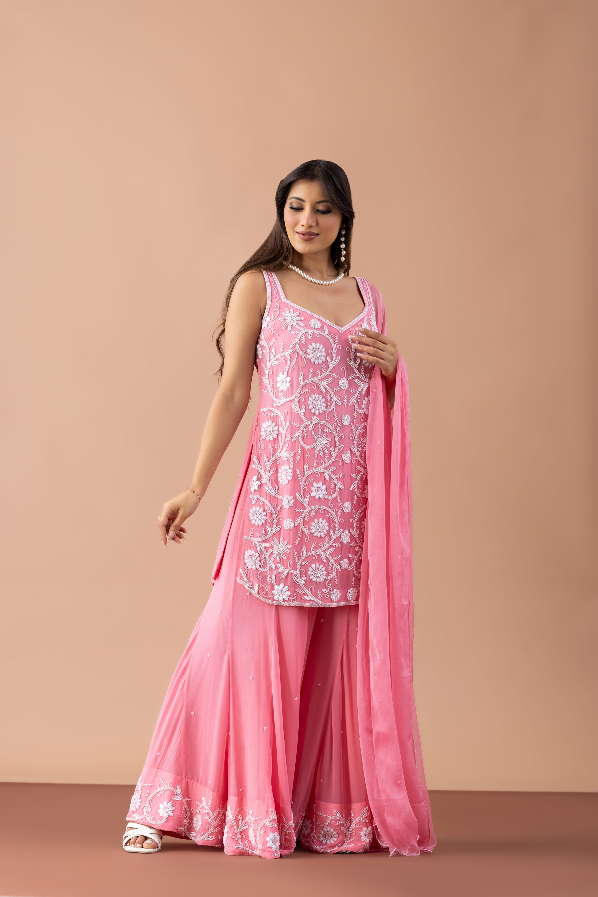 Pink Georgette Sharara Set with Pearl & Threadwork