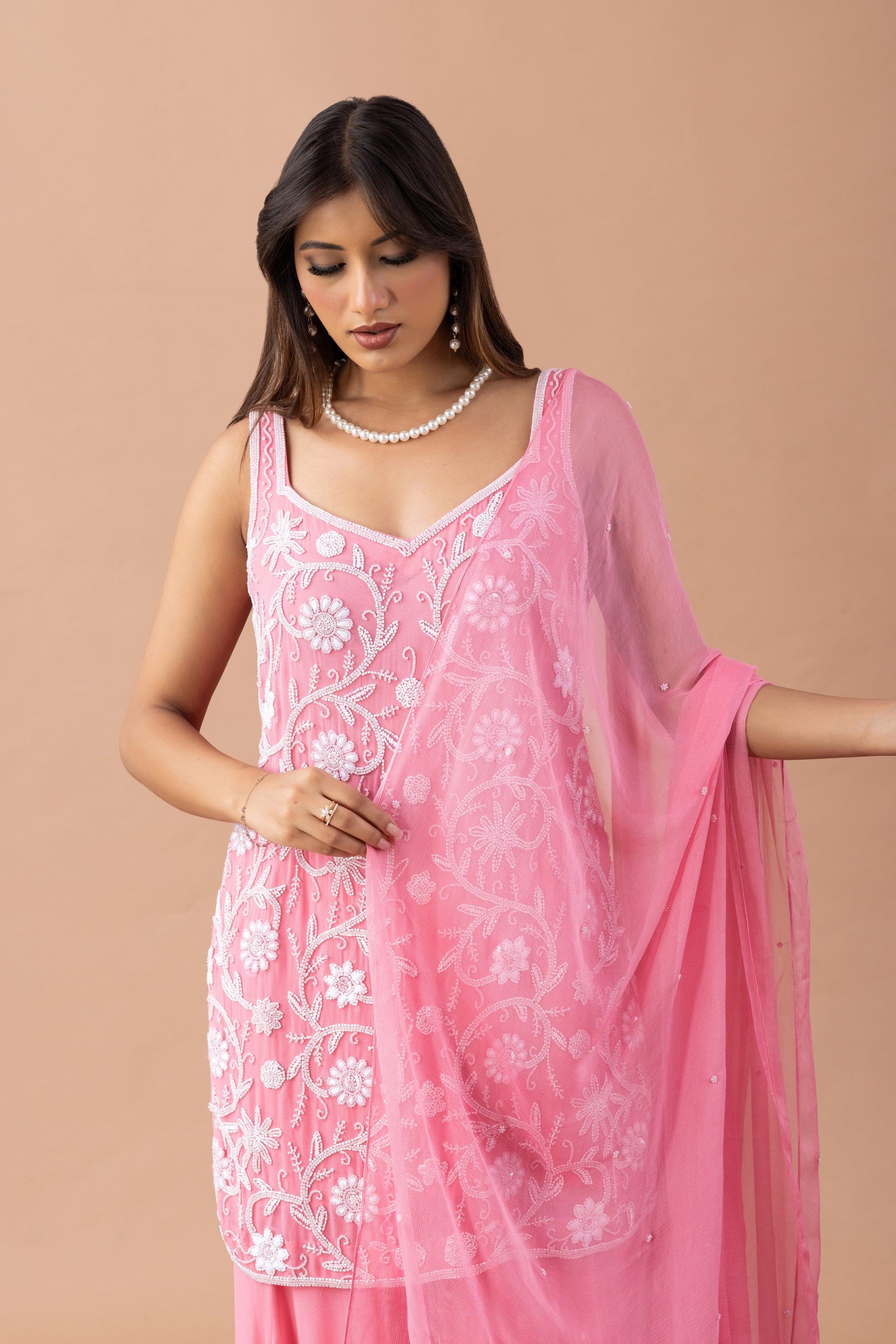 Pink Georgette Sharara Set with Pearl & Threadwork