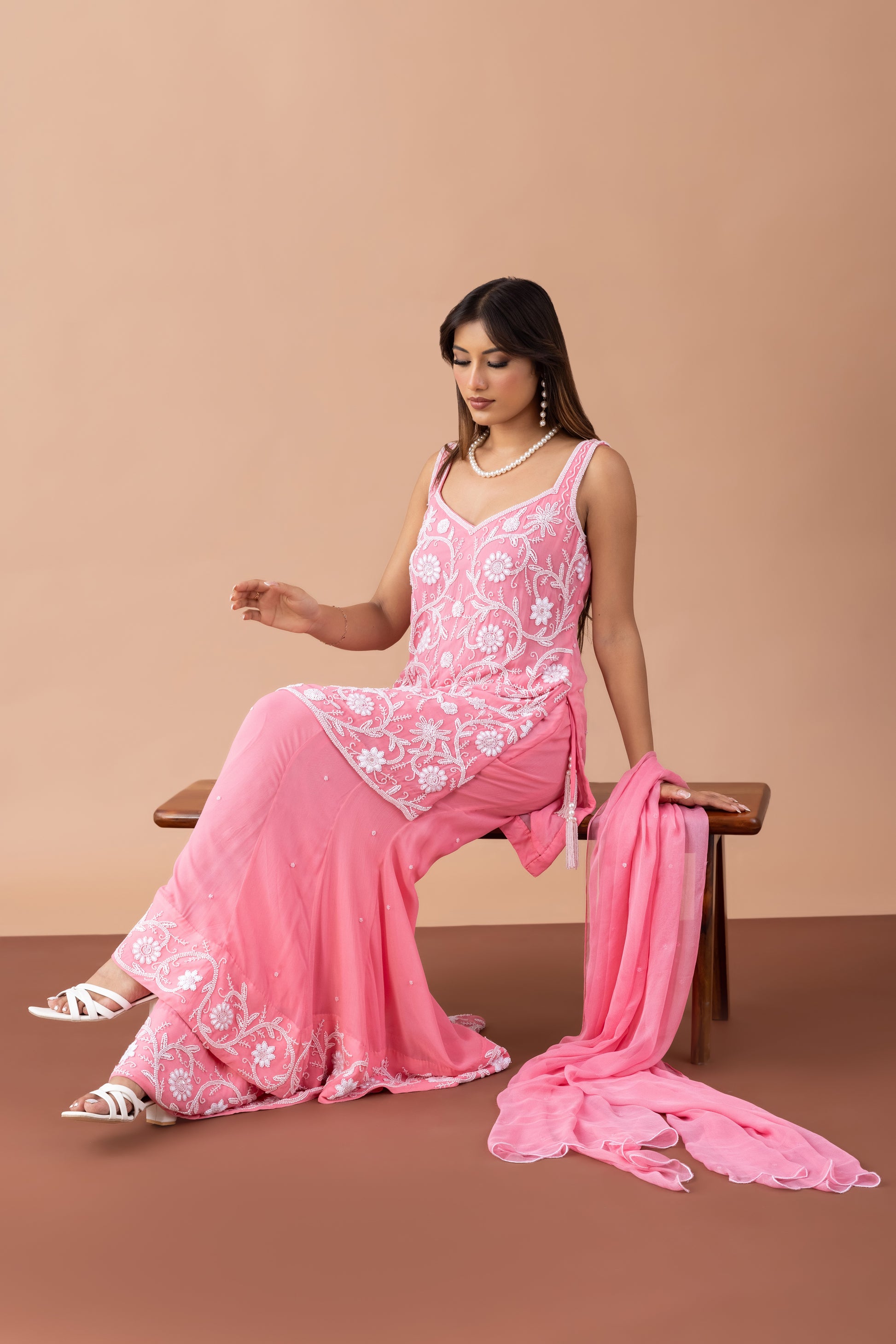 Pink Georgette Sharara Set with Pearl & Threadwork