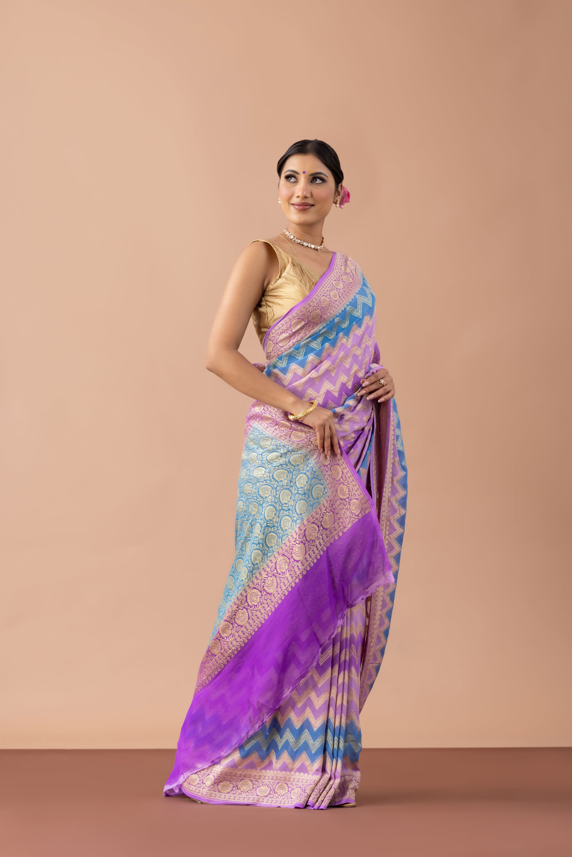 Lavender & Blue Chevron Georgette Banarasi Saree