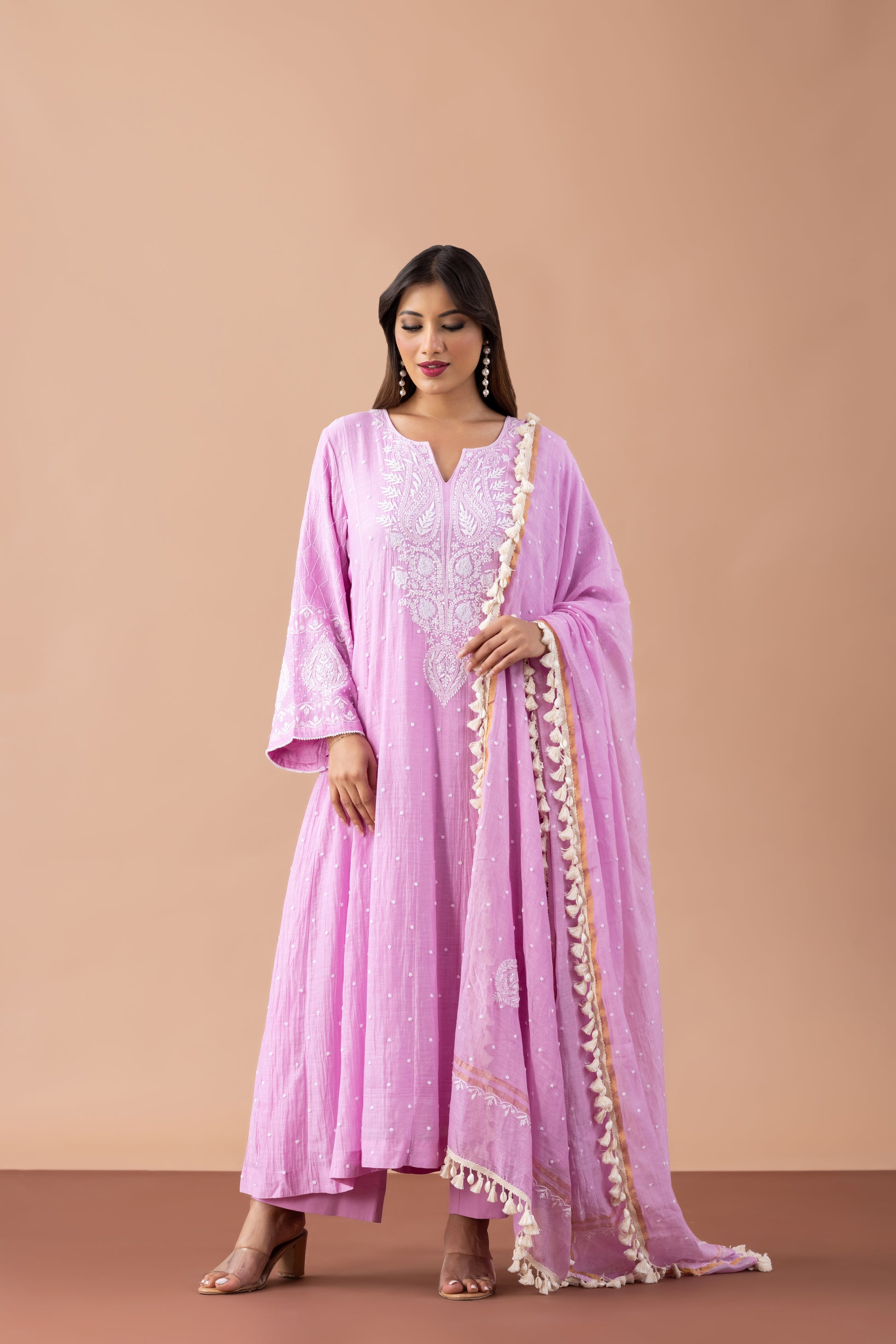 Adah Lavender Chikankari Anarkali with Tassel Dupatta
