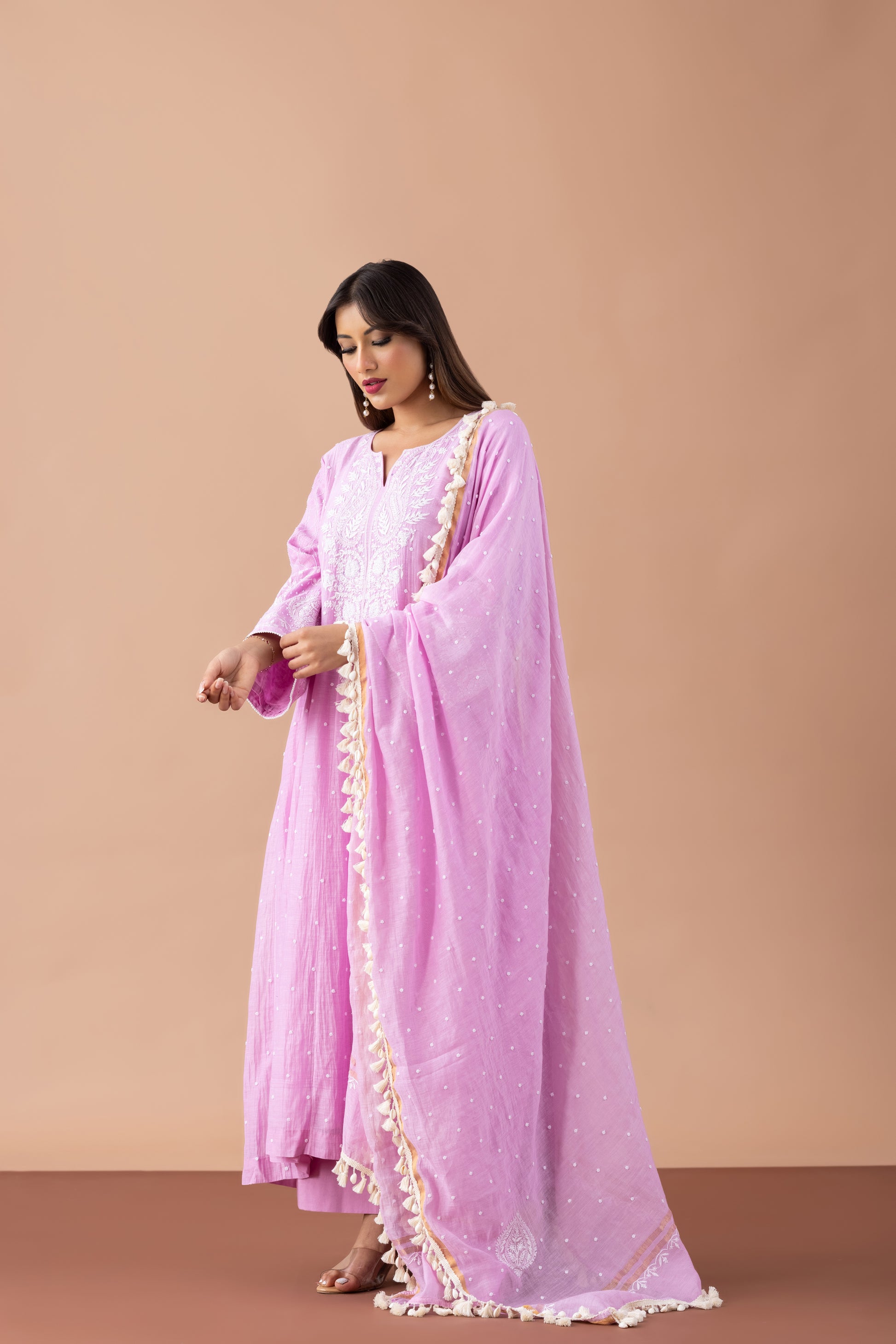 Adah Lavender Chikankari Anarkali with Tassel Dupatta