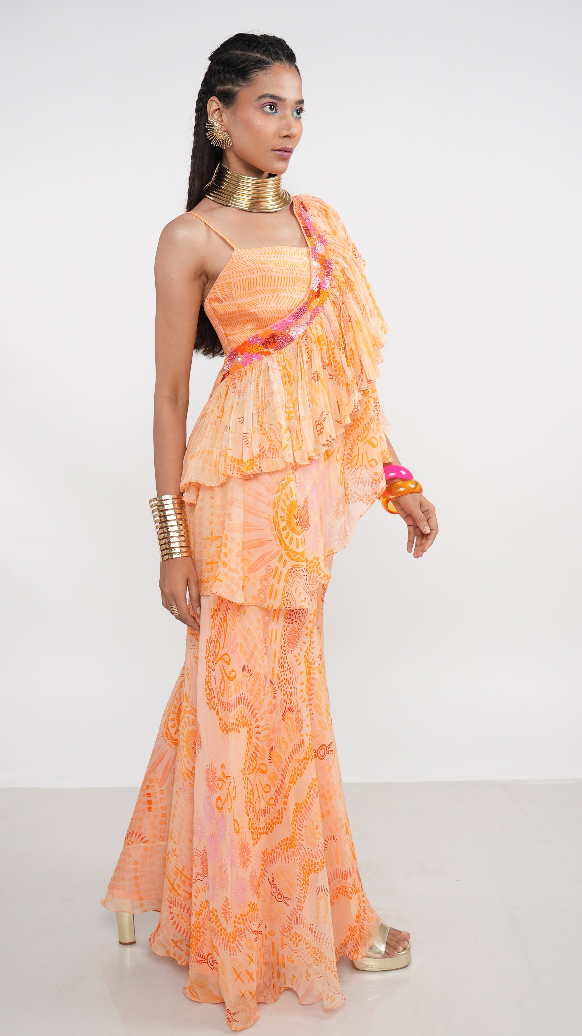 Bohemian Orange Organza Inara Overlayer Bustier & Sharara Set
