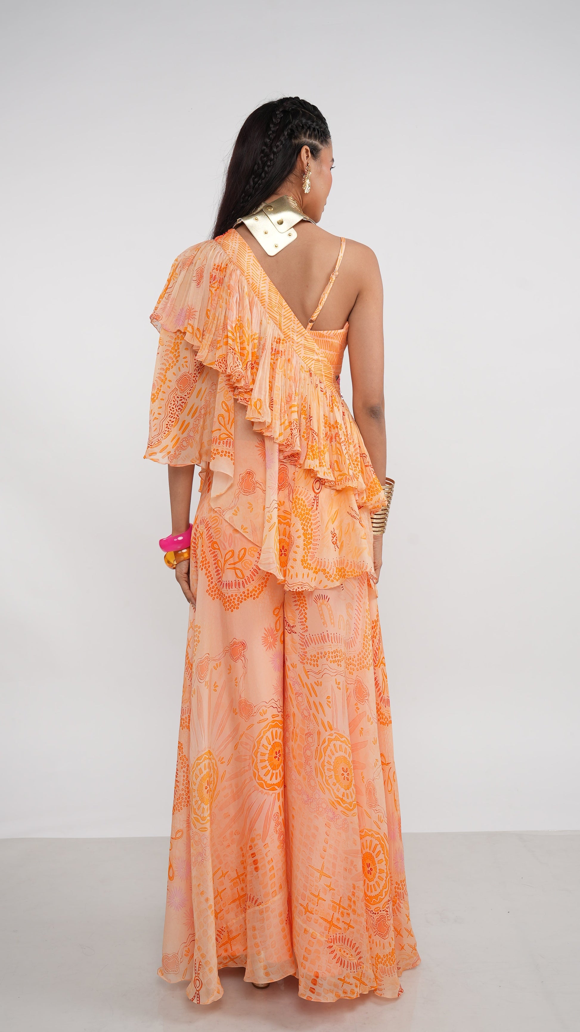Bohemian Orange Organza Inara Overlayer Bustier & Sharara Set