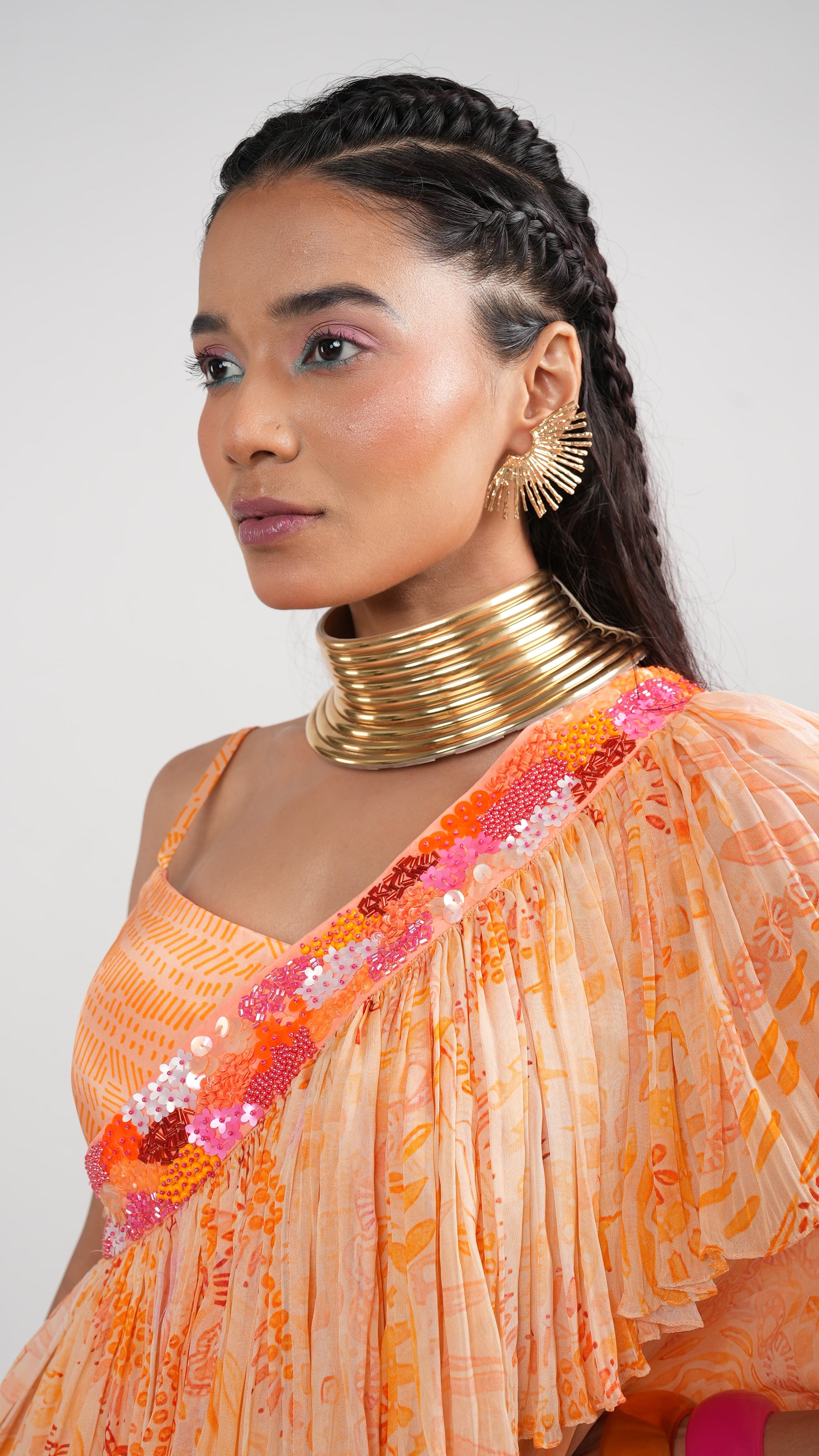 Bohemian Orange Organza Inara Overlayer Bustier & Sharara Set